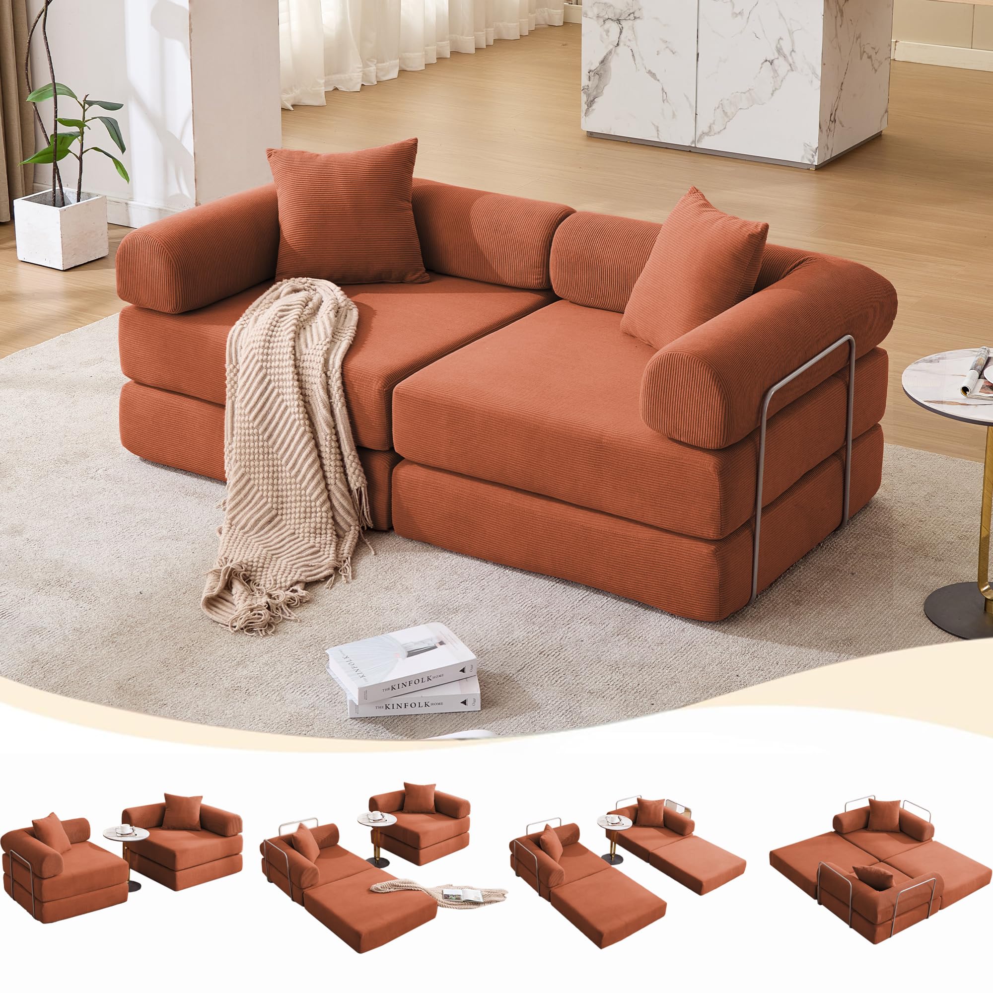 KEIKI 73" Corduroy Modular Sofa Bed with Removable Rolled Armrests and 2 Throw Pillow, Modern Style Convertible 2-Seater Upholstered Couch, No Assembly, for Apartment, Living Room, Orange