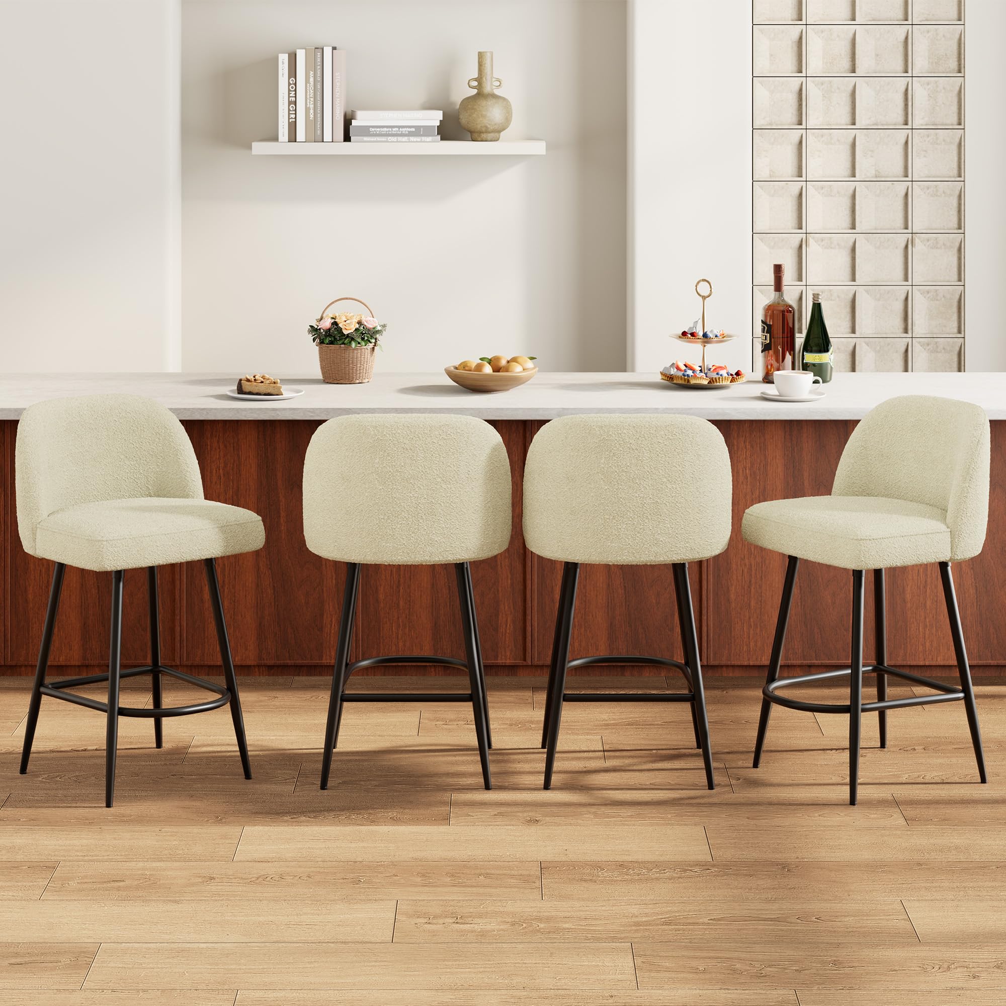 IDEALHOUSE Counter Height Bar Stools Set of 4, 26" Modern Upholstered Barstools with Backs and Metal Legs, Faux Sherpa High Chairs with Arc Metal Footrest for Kitchen Island, Beige