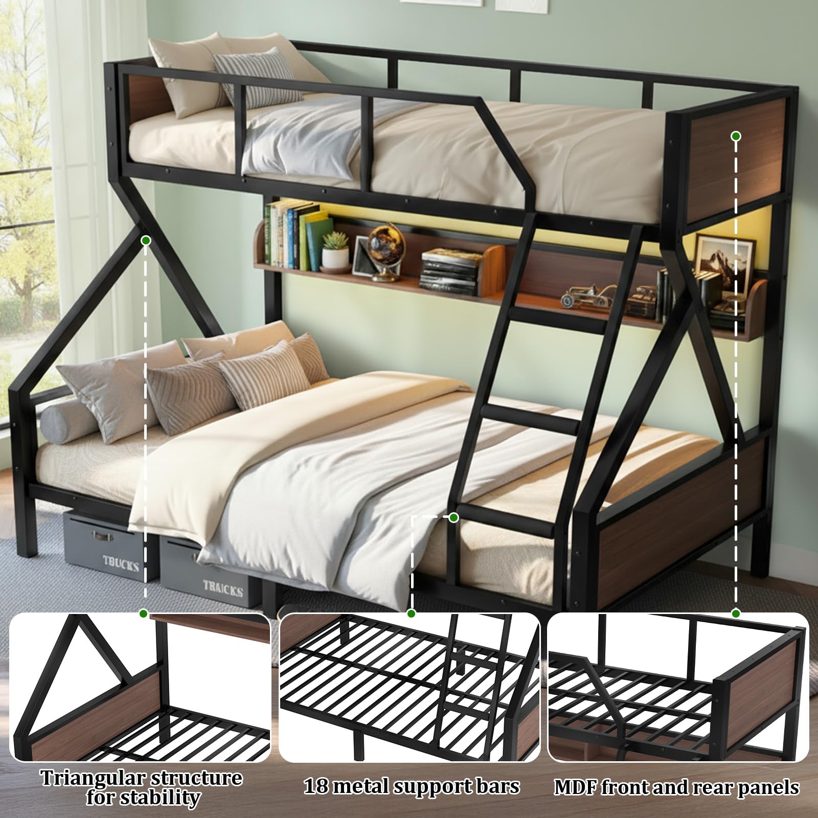 HKOLIE Twin XL Over Queen Bunk Bed with Storage Shelves & LED Lights, Heavy Duty Metal Bunk Bed Frame with Stairs, Noise-Free Design, Space-Saving Bed with Guardrails for Kids, Teens & Adults, Black