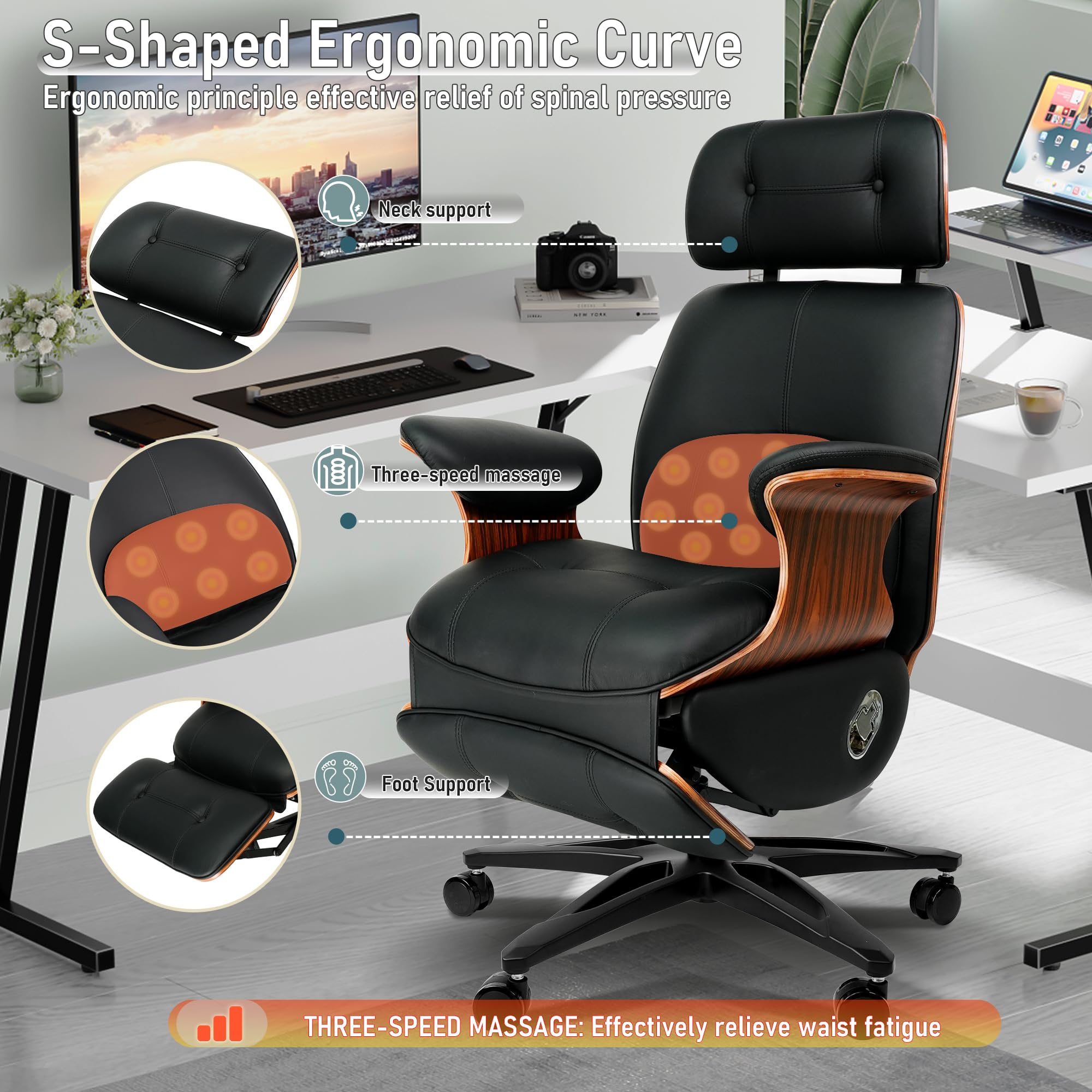 Genuine Leather Office Chair with Electric Reclining, Footrest, Lifting and Massage Function, 350lbs Capacity Ergonomic Executive Chair with Alu Base and 360° Wheels for Home Living Room