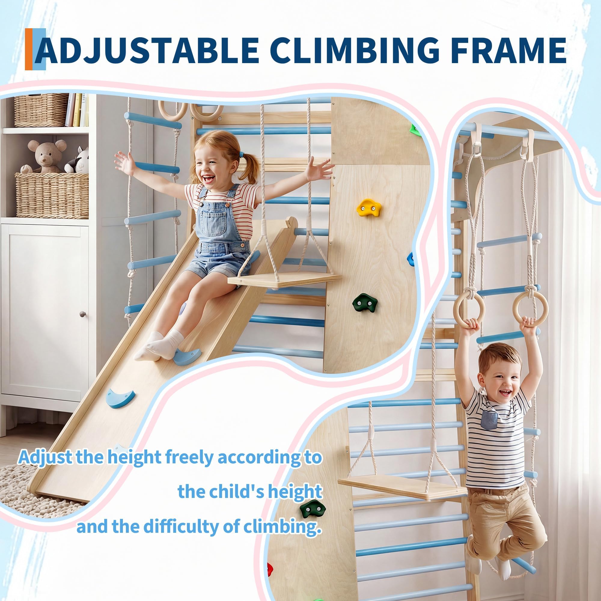 ActiveTrail Multi-Functional Swedish Ladder Wall Gym, 94.5'' Wooden Wall-Mounted Climbing Set with Slide, Swing, Rope, Rings, Monkey Bars, Indoor Playset for Kids and Adults