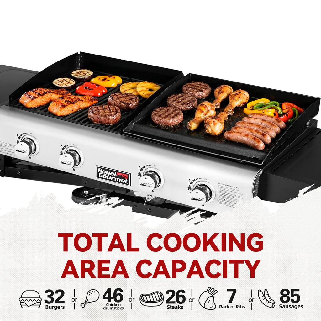 Royal Gourmet GD401 Portable Propane Gas Grill and Griddle Combo with Side Table | 4-Burner, Folding Legs,Versatile, Outdoor | Black 66 Inch