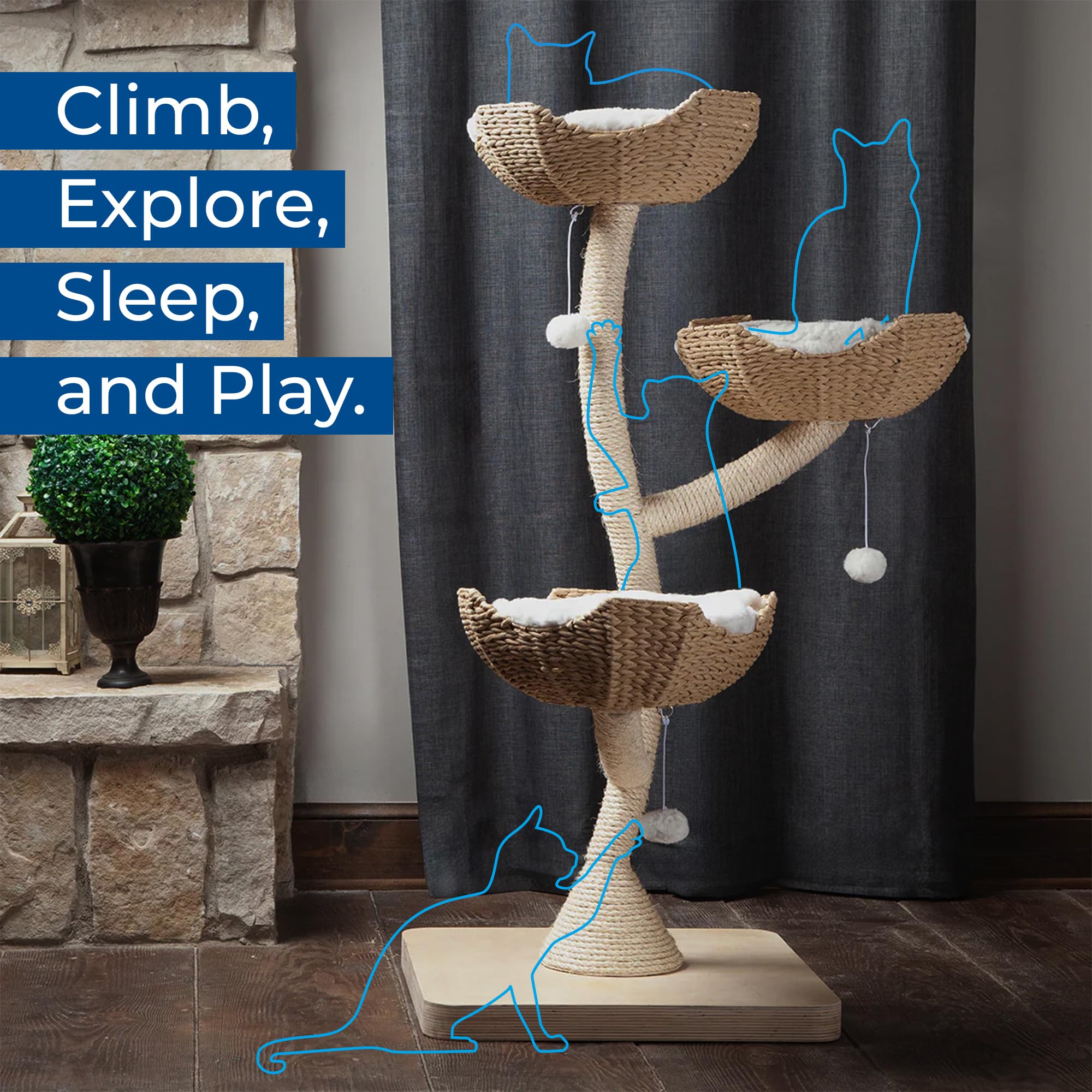 Habitat Haven The Sanctuary Cat Tree - Luxury Cat Condo, Large Modern Indoor Tower with 3 Faux Fur Beds, Scratching Posts, and Toys for Cats, 23-Inch Width x 23-Inch Depth x 52-Inch Height