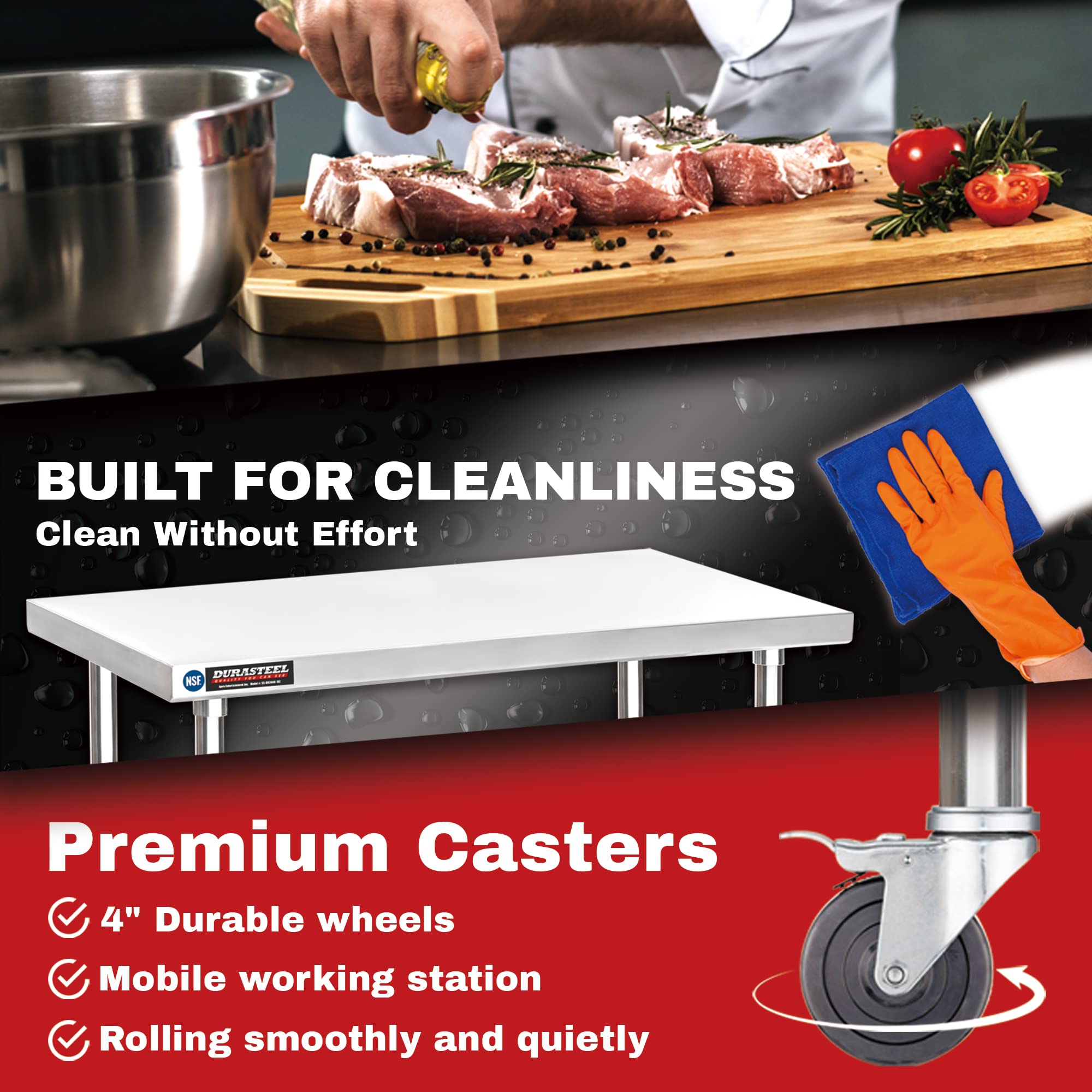DuraSteel 30x24 NSF Stainless Steel Cart Work Table - Heavy Duty Rolling Food Prep Table - Metal Utility Cart on Wheels Caster, Grill Stand Microwave Outdoor Kitchen Tables Countertop Island Large Top