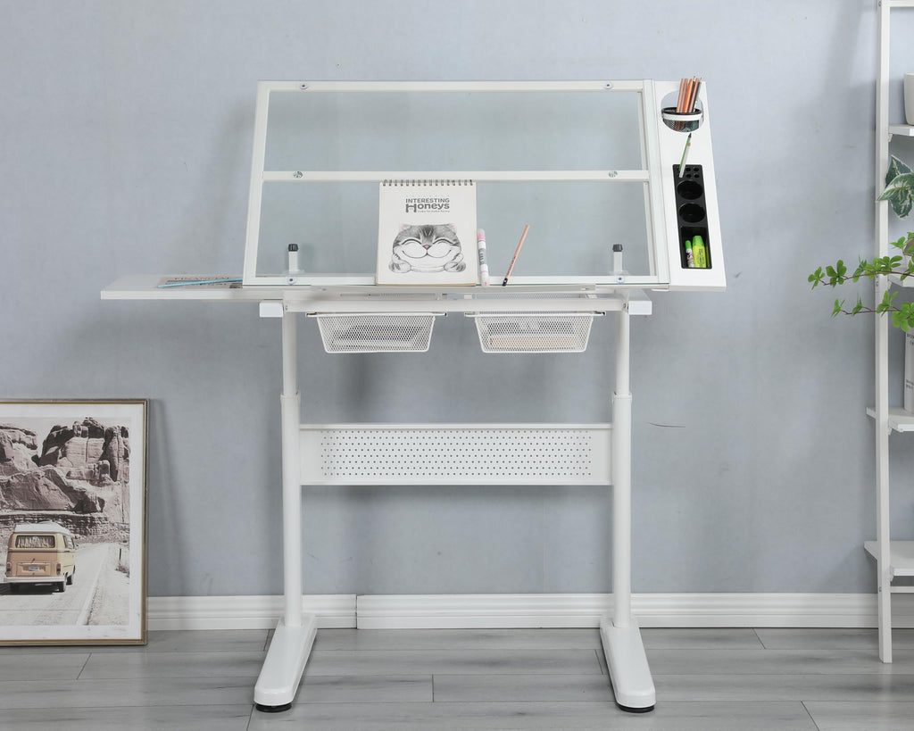 GOWE Hand Crank Adjustable Drafting Table Drawing Desk with 2 Metal Drawers (White) with Stool