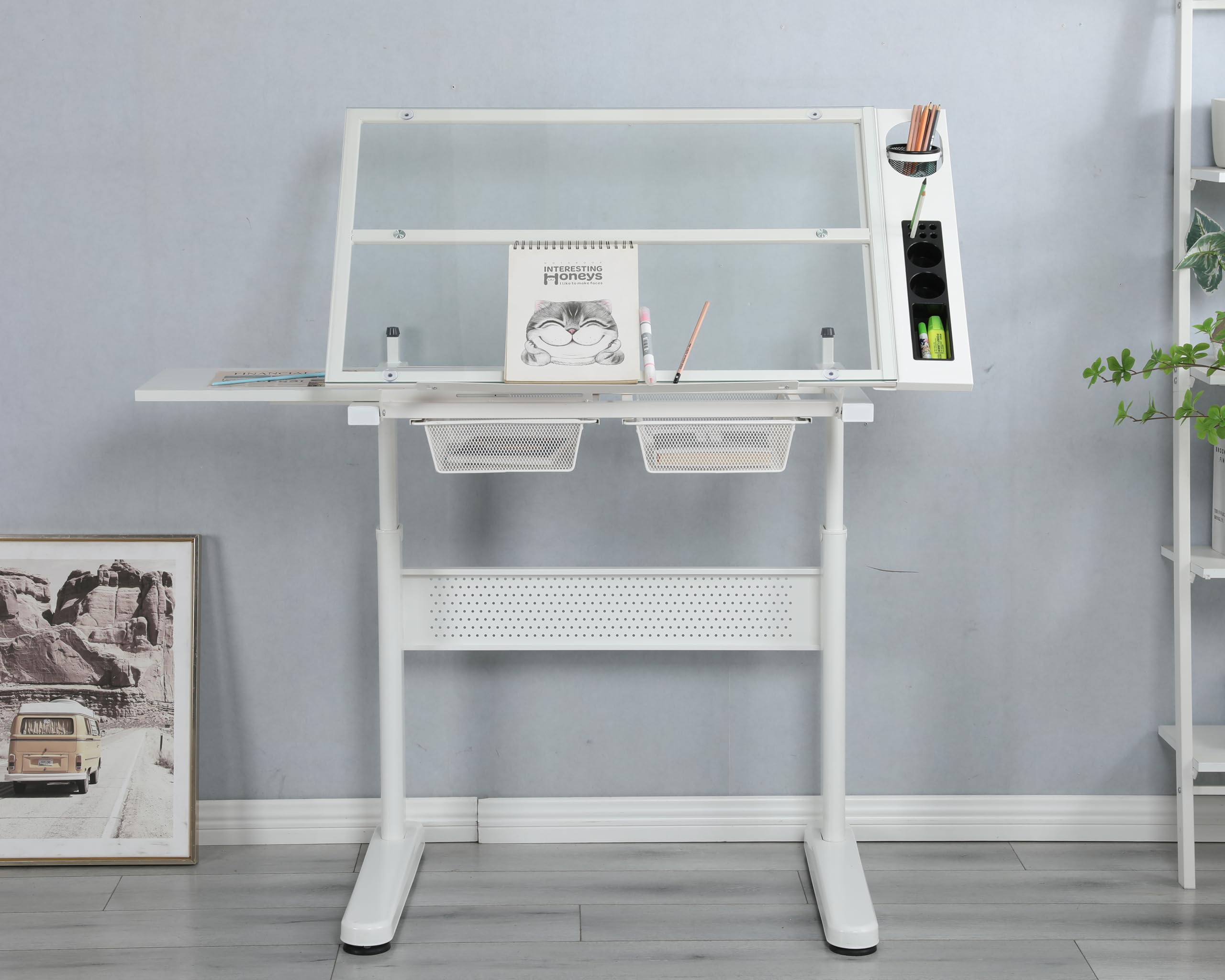 GOWE Hand Crank Adjustable Drafting Table Drawing Desk with 2 Metal Drawers (White) with Stool
