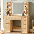 GRUTEUNIT 43" Makeup Vanity Desk with Mirror and Lights&Power Outl, 3 Adjustable Light Color,Glass Top Big Vanity Table with 9 Drawers & 6 Shelves,Girls Vanity for Bedroom, Oak