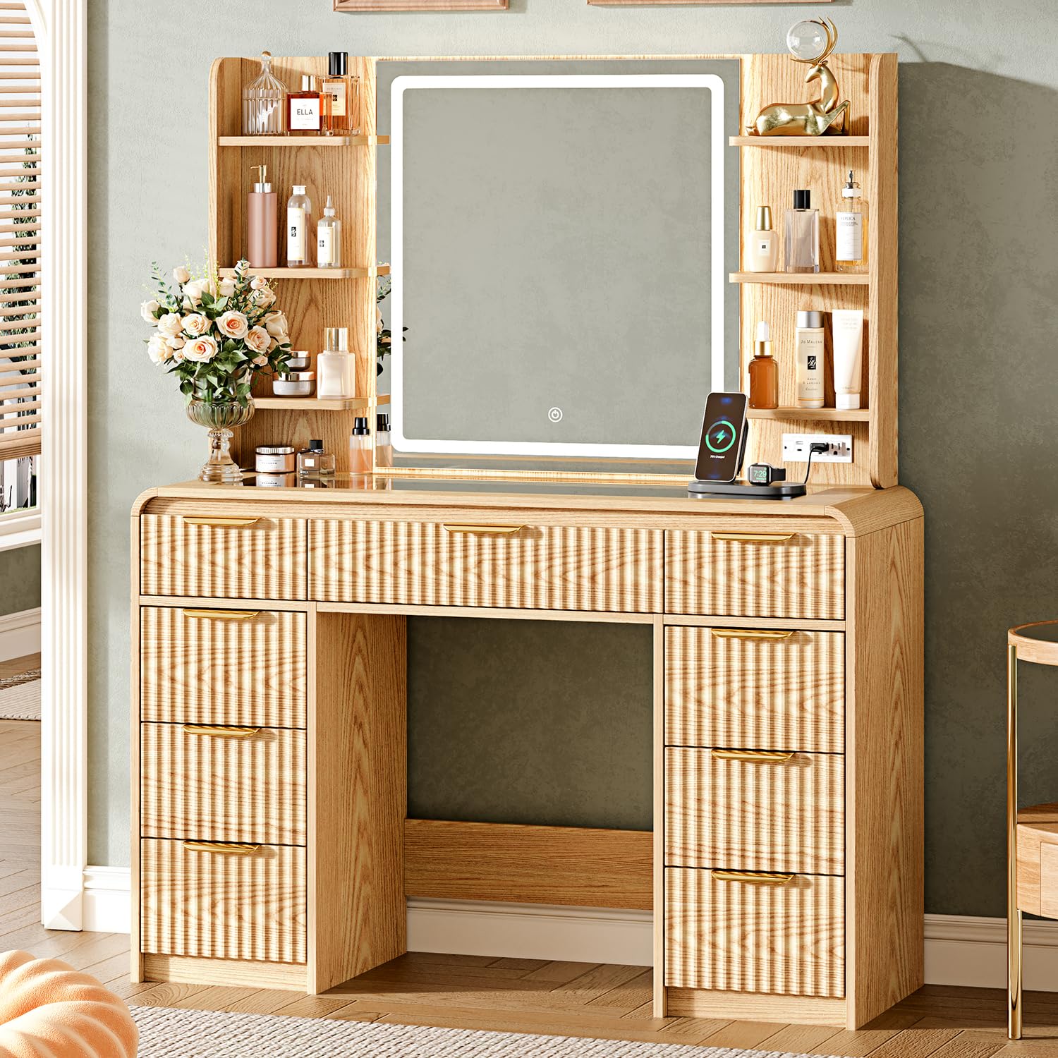 GRUTEUNIT 43" Makeup Vanity Desk with Mirror and Lights&Power Outl, 3 Adjustable Light Color,Glass Top Big Vanity Table with 9 Drawers & 6 Shelves,Girls Vanity for Bedroom, Oak