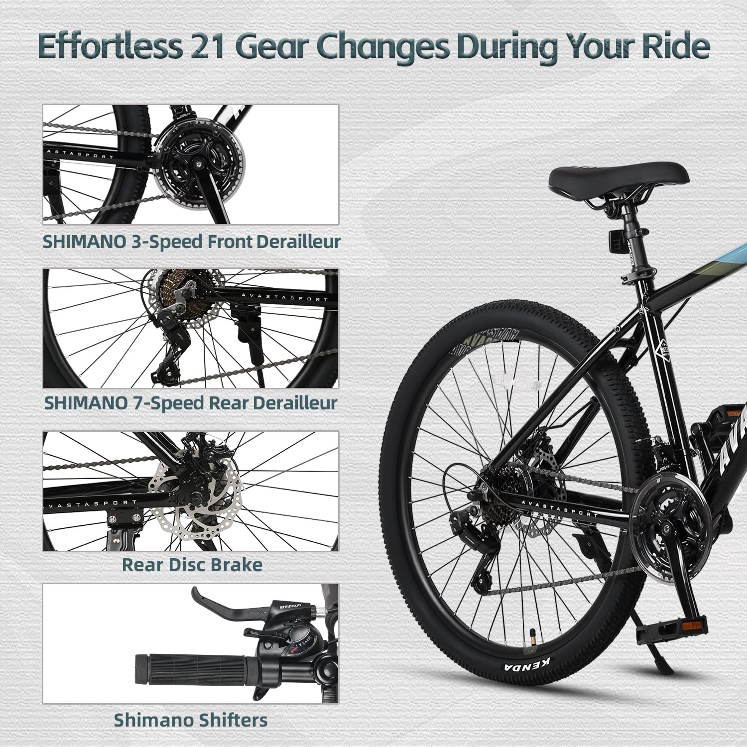 AVASTA 26-inch Mountain Bike for Man Male and Woman Female Adult with Lightweight Aluminum Alloy Frame and Dual Disc Brakes,Front Suspension,21-Speed Gear Shifters,Hidden Brake Cables,Blue