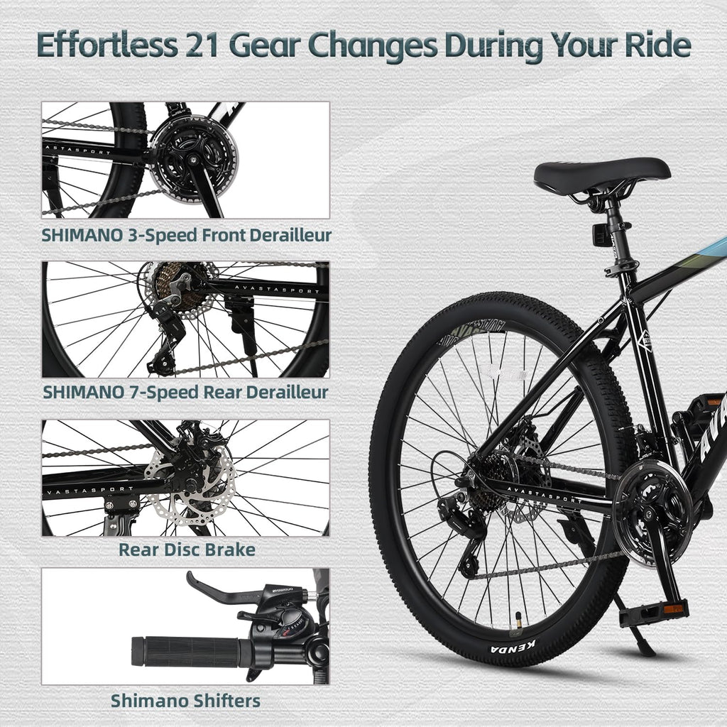 AVASTA 27.5-inch Mountain Bike for Man Male and Woman Female Adult with Lightweight Aluminum Alloy Frame and Dual Disc Brakes,Front Suspension,21-Speed Gear Shifters,Hidden Brake Cables,Blue