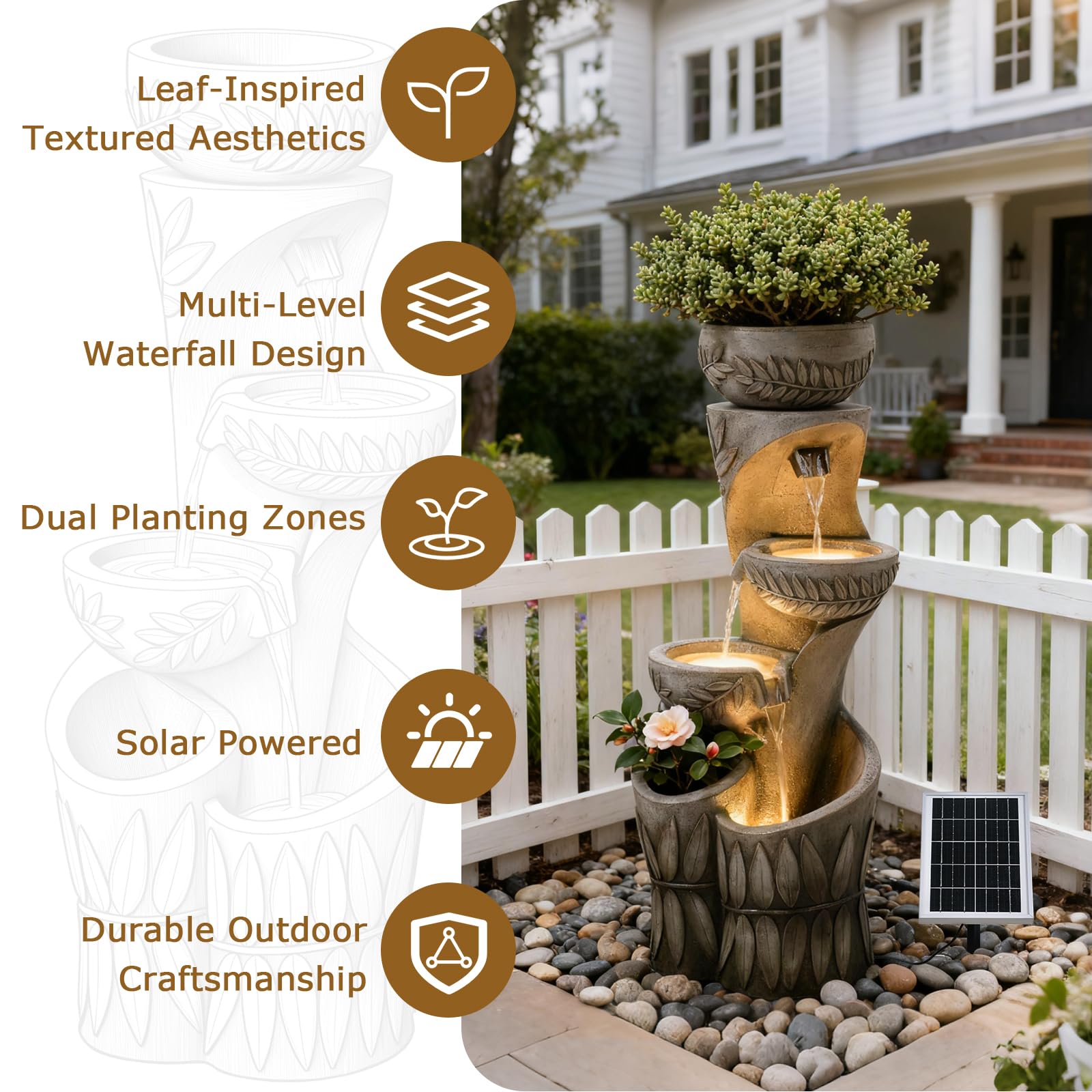 4 Tiered Solar Water Fountain Outdoor Garden, 35.6" Tall Cascading Bowl Leaf Carved Outdoor Waterfall Fountains Modern Water Feature with Dual Planters for Garden, Patio, Deck, Yard, Indoor Decor