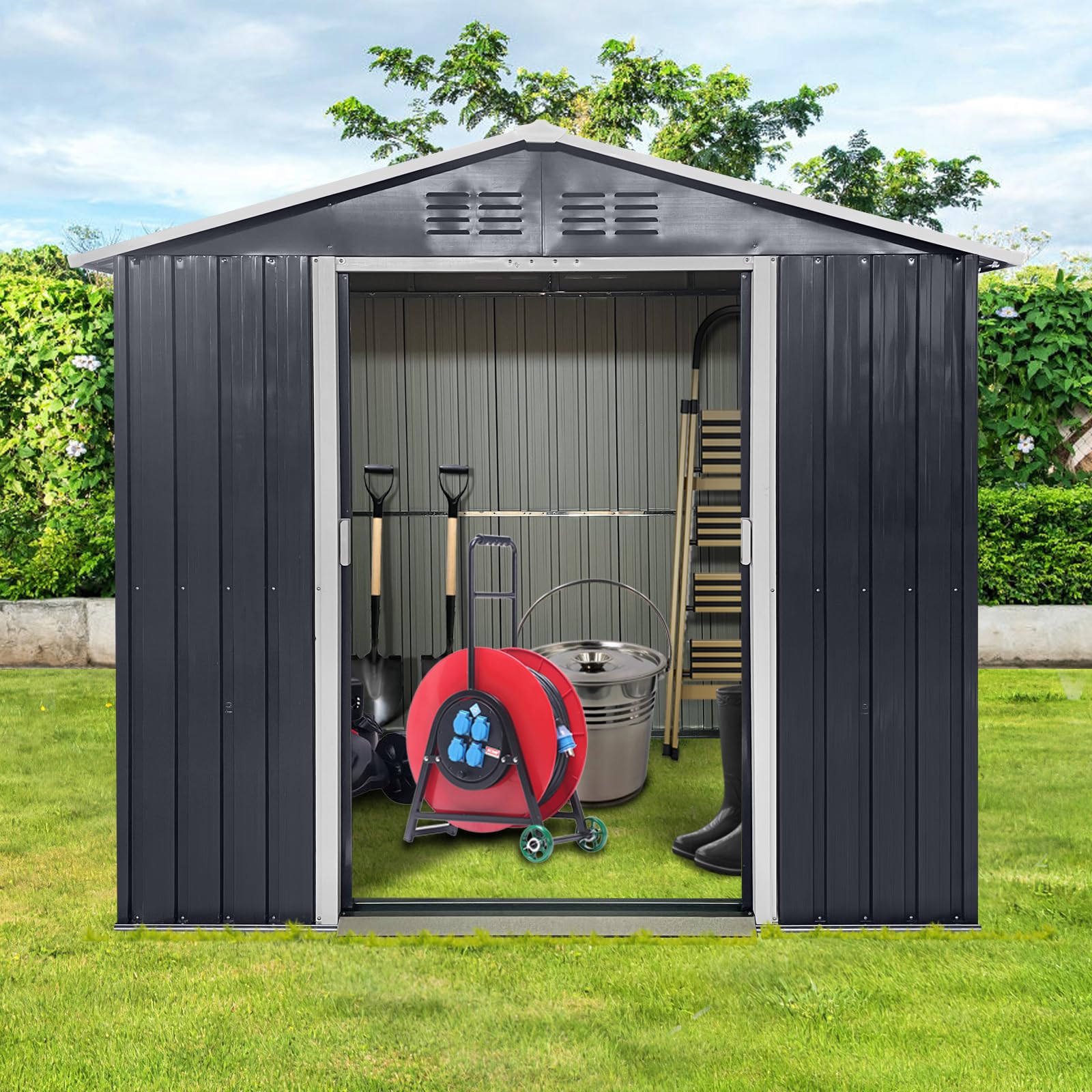 YOPTO 7x4.3 FT Metal Garden Sheds with Window,Outdoor Heavy-Duty Steel Storager Tool Shed W/Sliding Door and Punched Vents,Waterproof Building Organizer for Storing Motorcycle,Bicycles,Grey