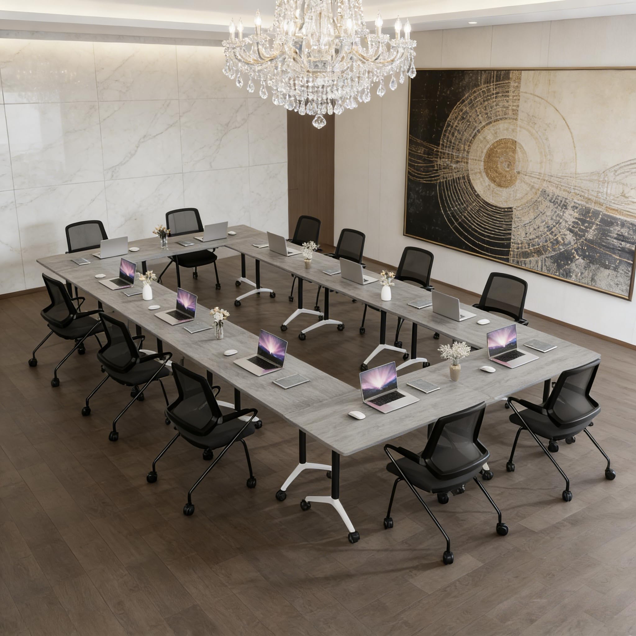 Folding Conference Table, Conference Room Tables with Wheels Foldable Large Rectangle Meeting Seminar Table for 6-12 People, Flip Top Mobile Training Table for Office Classr (4, Gray, 55.1in)