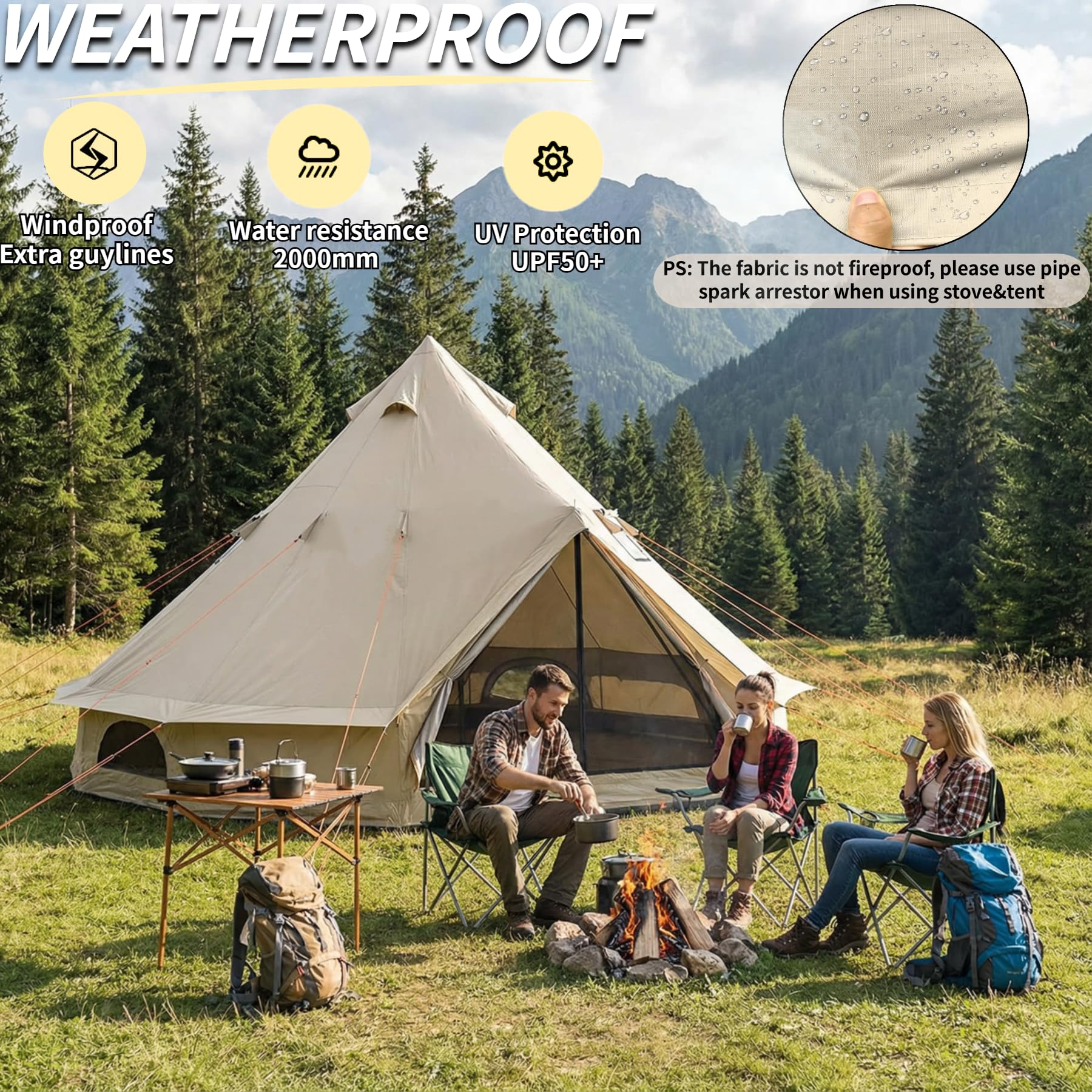 DANCHEL OUTDOOR B2 Portable Yurt with Sun Shelter for All Year Living, 4 Season Bell Tent 4 Person Family Camping Glamping Party 300D Oxford Khaki,4m/13ft