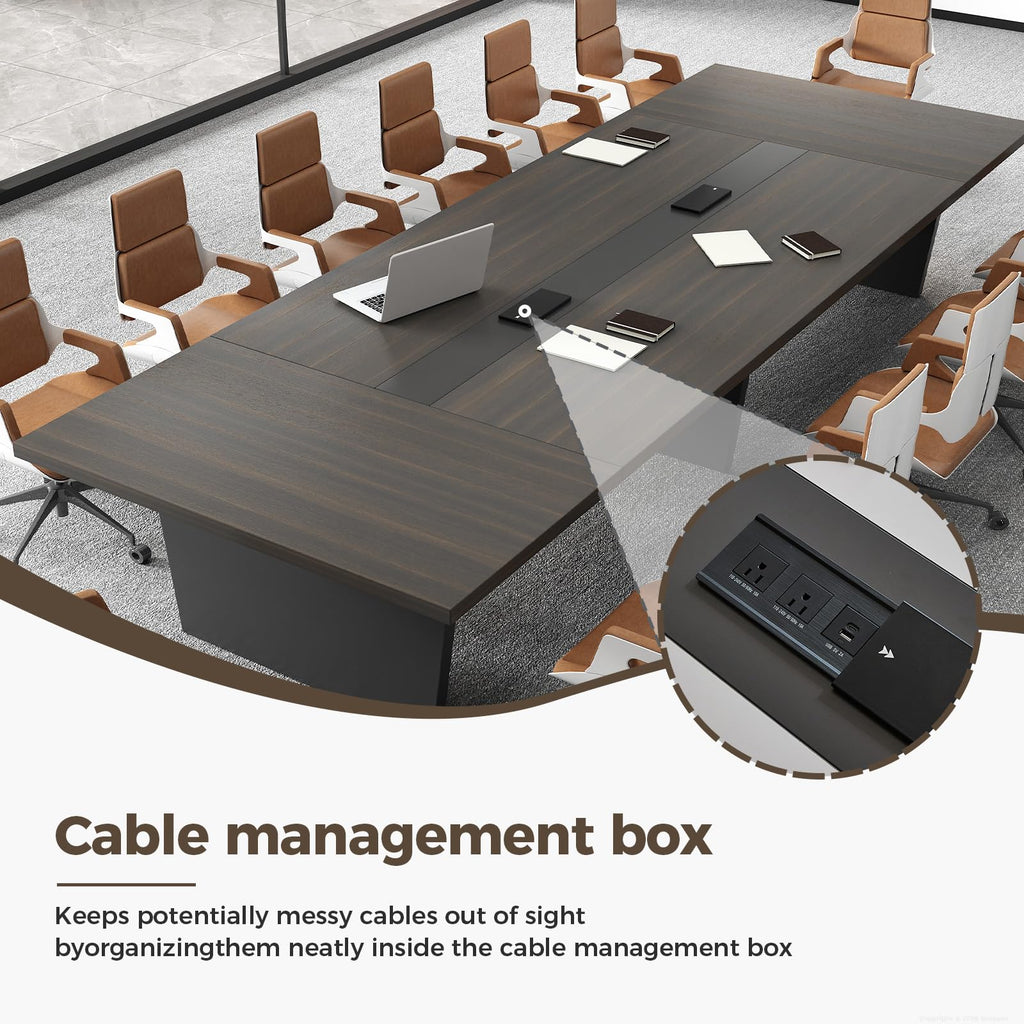 Nuipesn 118 Inch Rectangular Conference Table, 10FT Meeting Table for 10-12 People, Built-in Power Outlets and USB Charging Ports, Cable Management, 2 Inch Thick Top, Walnut and Charcoal Gray