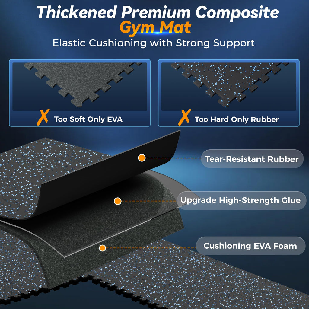 SUPERJARE 1" Extra-Thick Rubber Top Exercise Mat, Puzzle Gym Flooring for Home Gym, Gym Mat for Workout Equipment, Interlocking Floor Tiles with EVA Foam, 24 Pcs 96 Sq Ft, Black/Blue