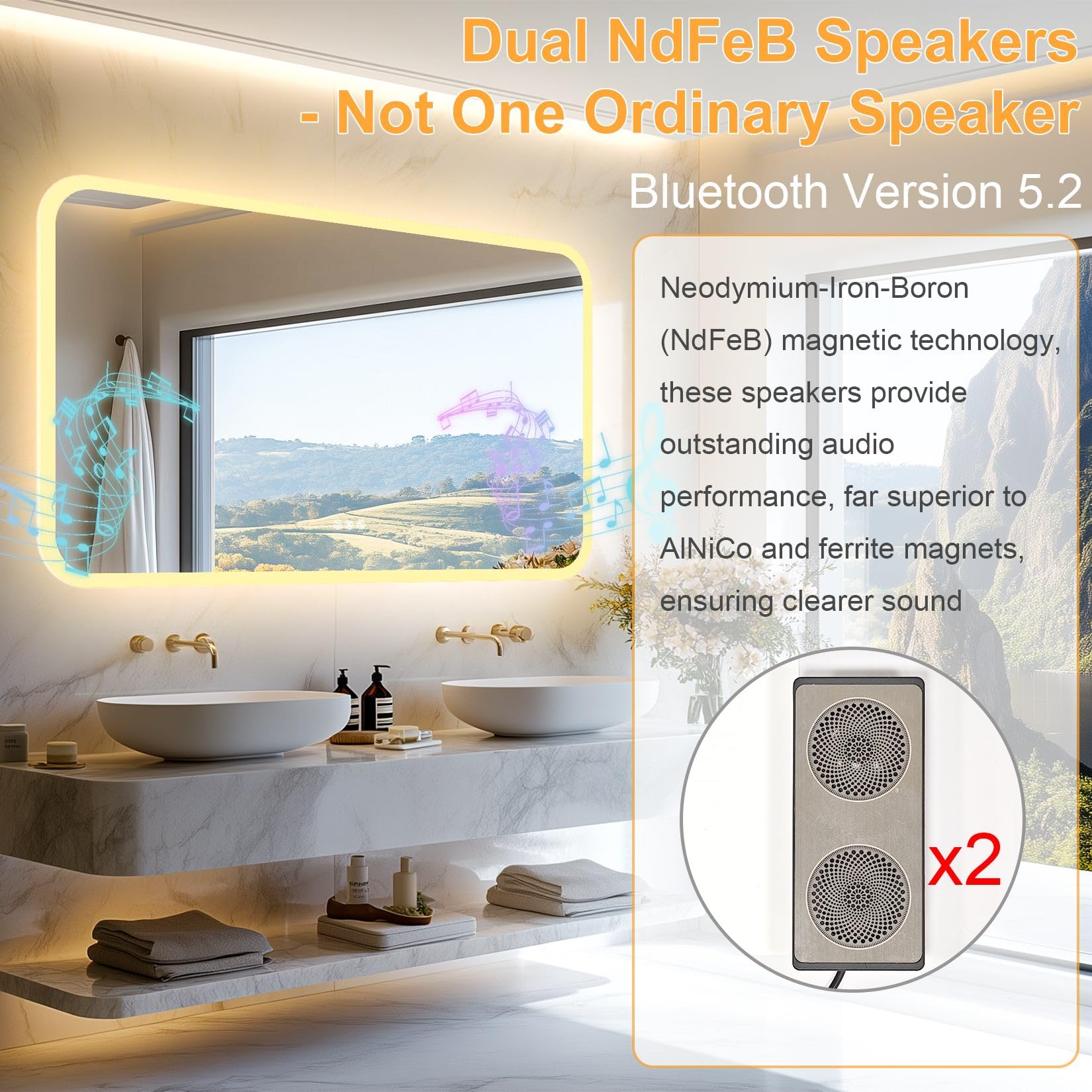 LUVODI Rectangle LED Bathroom Mirror: Smart Bluetooth Vanity Mirror Front-Lit Defogger Stepless Dimming, 27.6x47.3 inch