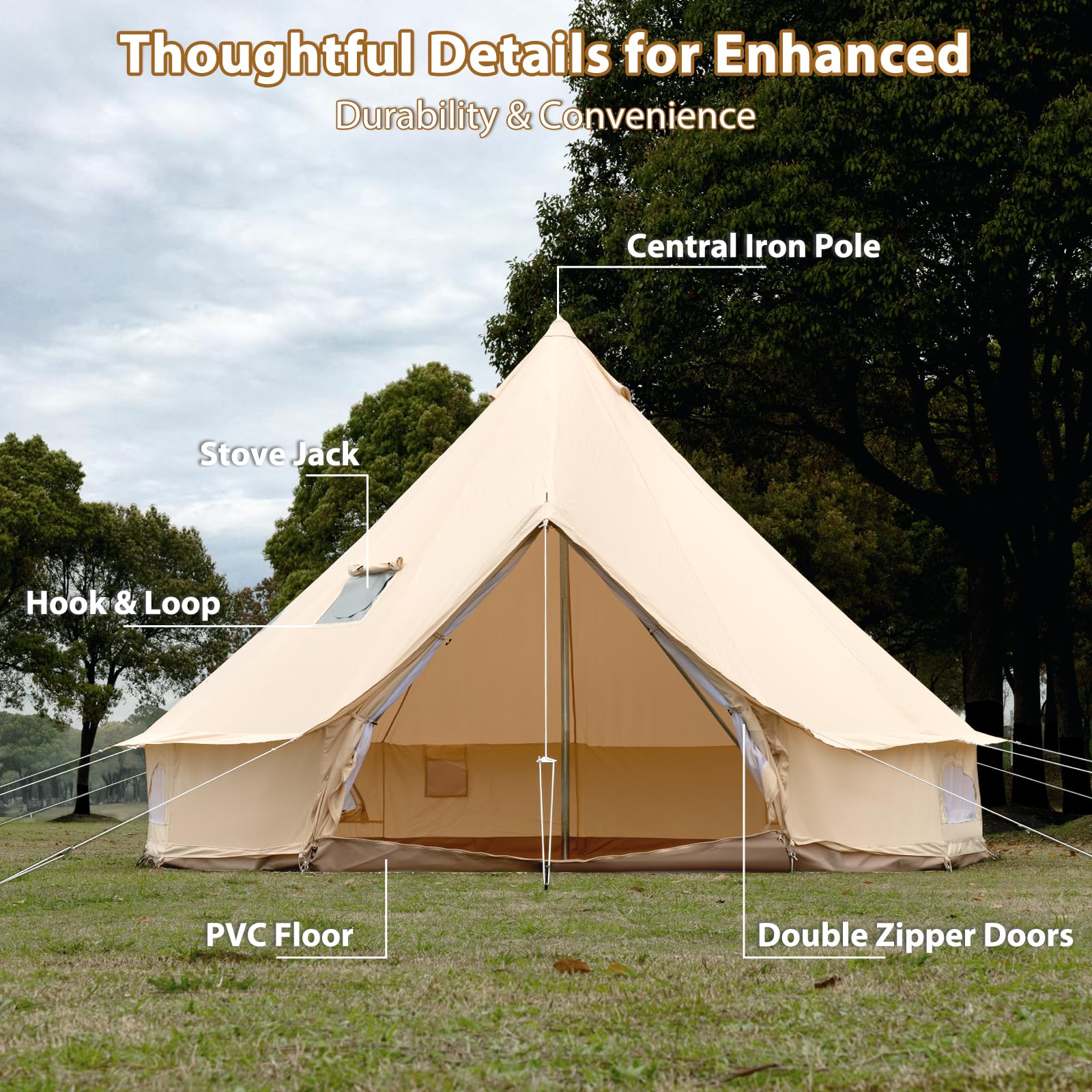 Canvas Bell Tent for Camping, 4-Season Yurt Tent with Stove Jack, All Year Living Glamping Tent for 4–6 Person, Sturdy Shelter for Family Camping & Backyard (13.1ft/4m)