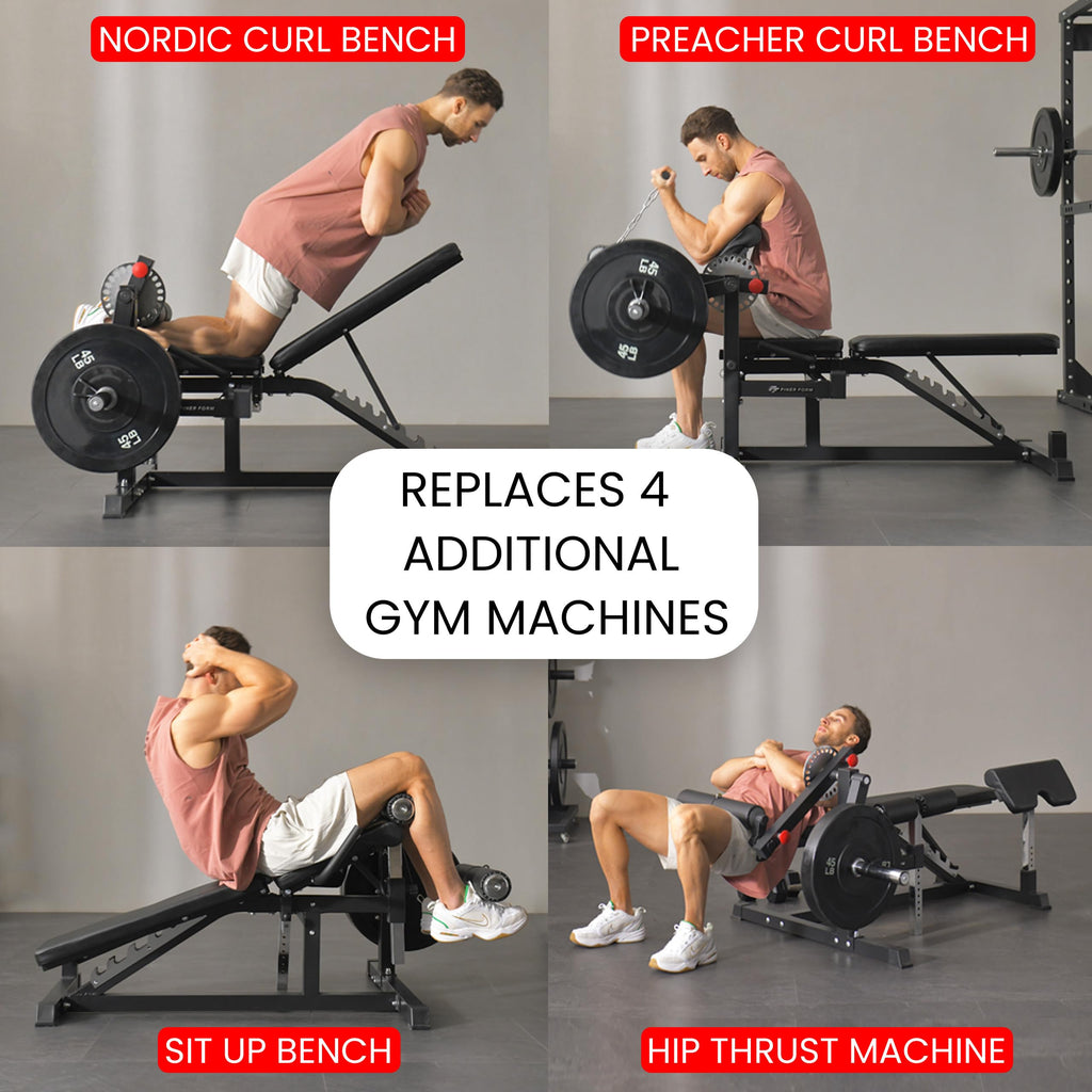 Finer Form GLX Adjustable Weight Bench with Leg Extension and Curl Machine, Total Body Bench for Home Gym, Great for Bench Press, Sit Ups, Preacher Curl, Hip Thrusts and Other Plate-Loaded Exercises