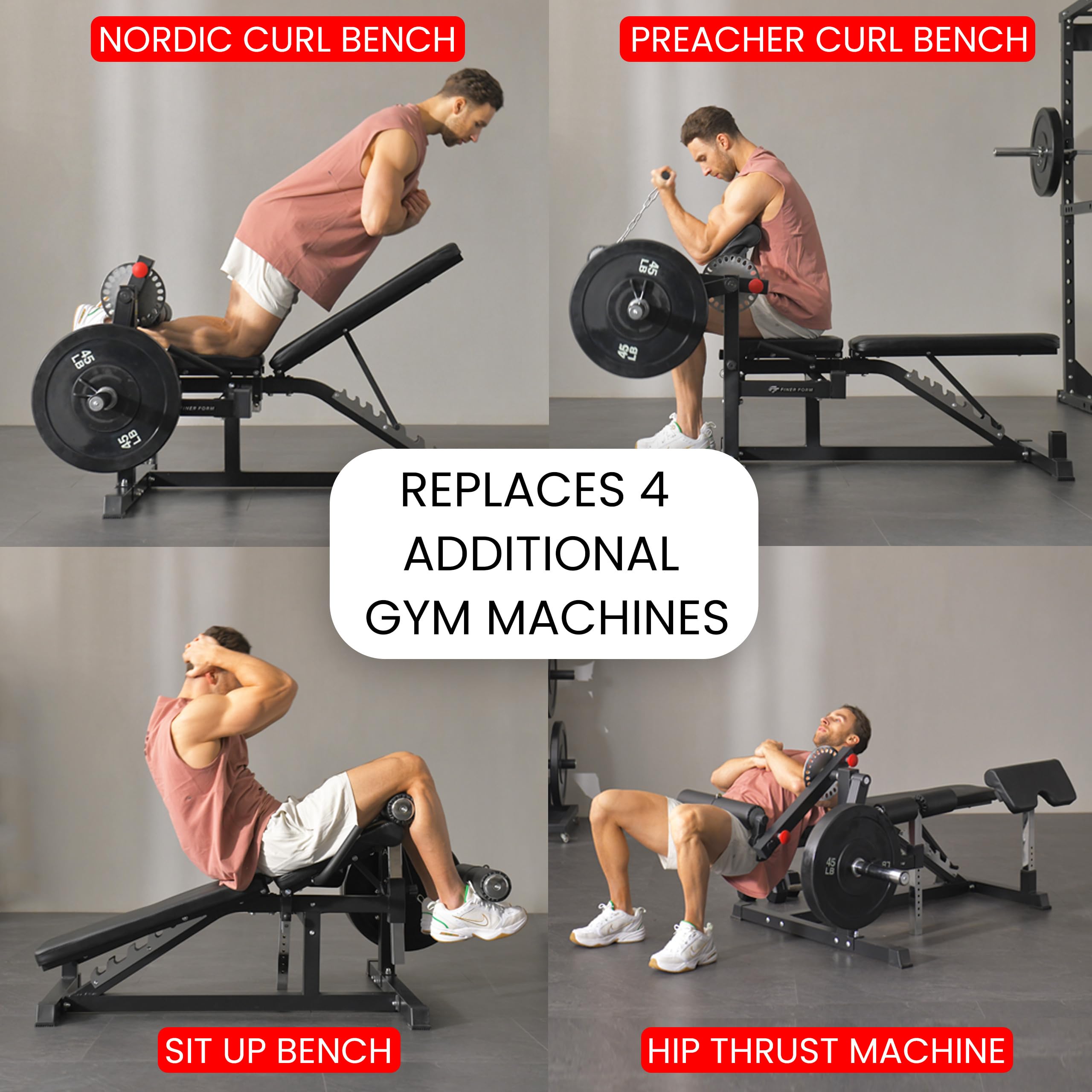 Finer Form GLX Adjustable Weight Bench with Leg Extension and Curl Machine, Total Body Bench for Home Gym, Great for Bench Press, Sit Ups, Preacher Curl, Hip Thrusts and Other Plate-Loaded Exercises