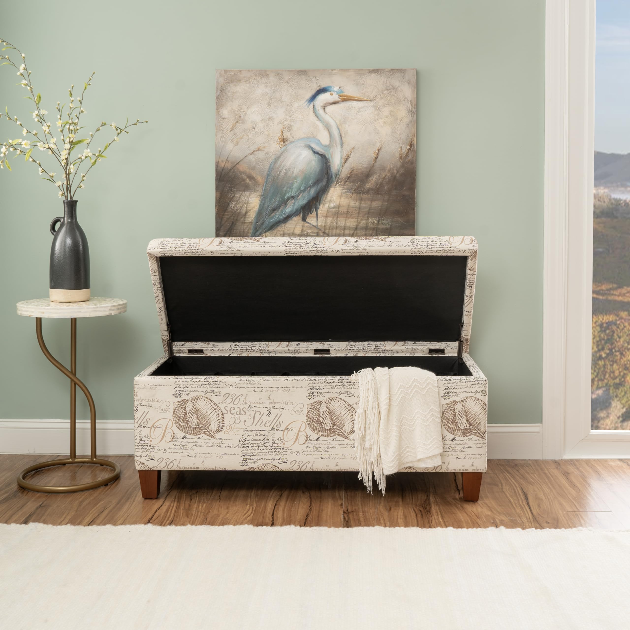 Linon Carmen Ivory and Beige Seashell Upholstered Lift Top Storage Ottoman with Wooden Feet