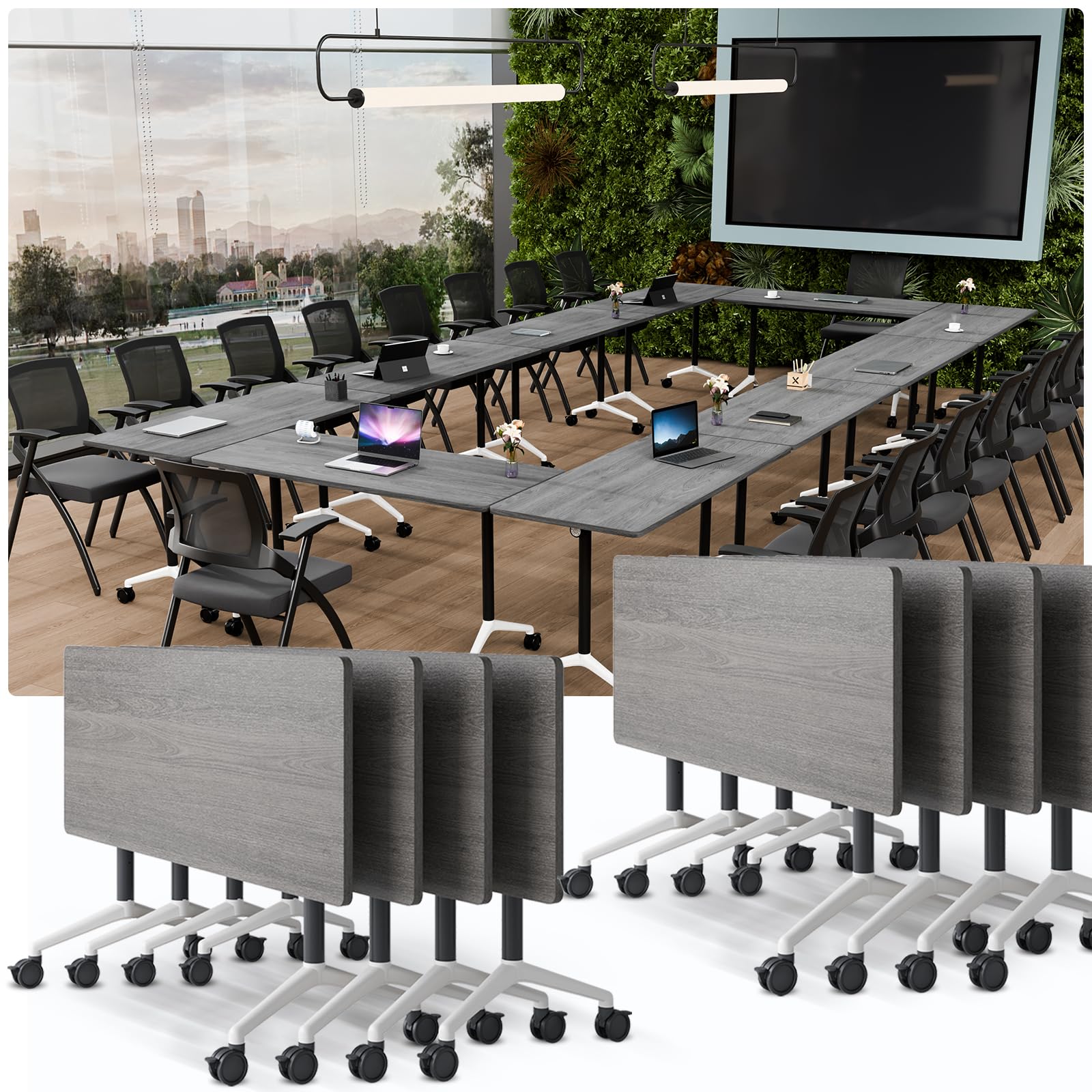 JNMDLAKO Modular Folding Conference Table with Locking Wheels, 10 Pack Flip Top Mobile Training Table, Modern Meeting Seminar Tables for Office, Hotel Conference Room(10,Grey,47" L x 23" W x 29" H)