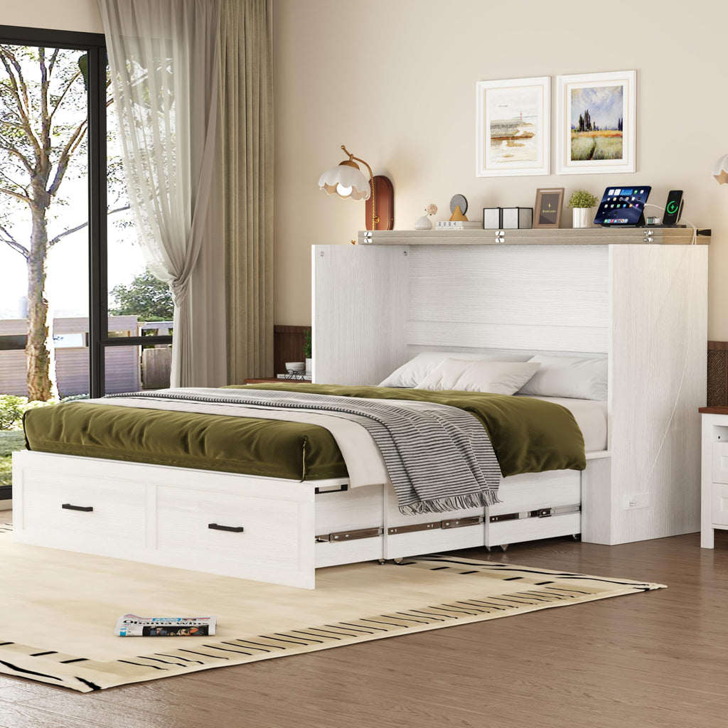 Ball & Cast Murphy Bed Queen,Farmhouse Hideaway Cabinet Bed with Charging Station and Large Storage Drawer,Foldable Wall Murphy Beds w/Slat Support,Space-Saving Furniture for Study,Office,White
