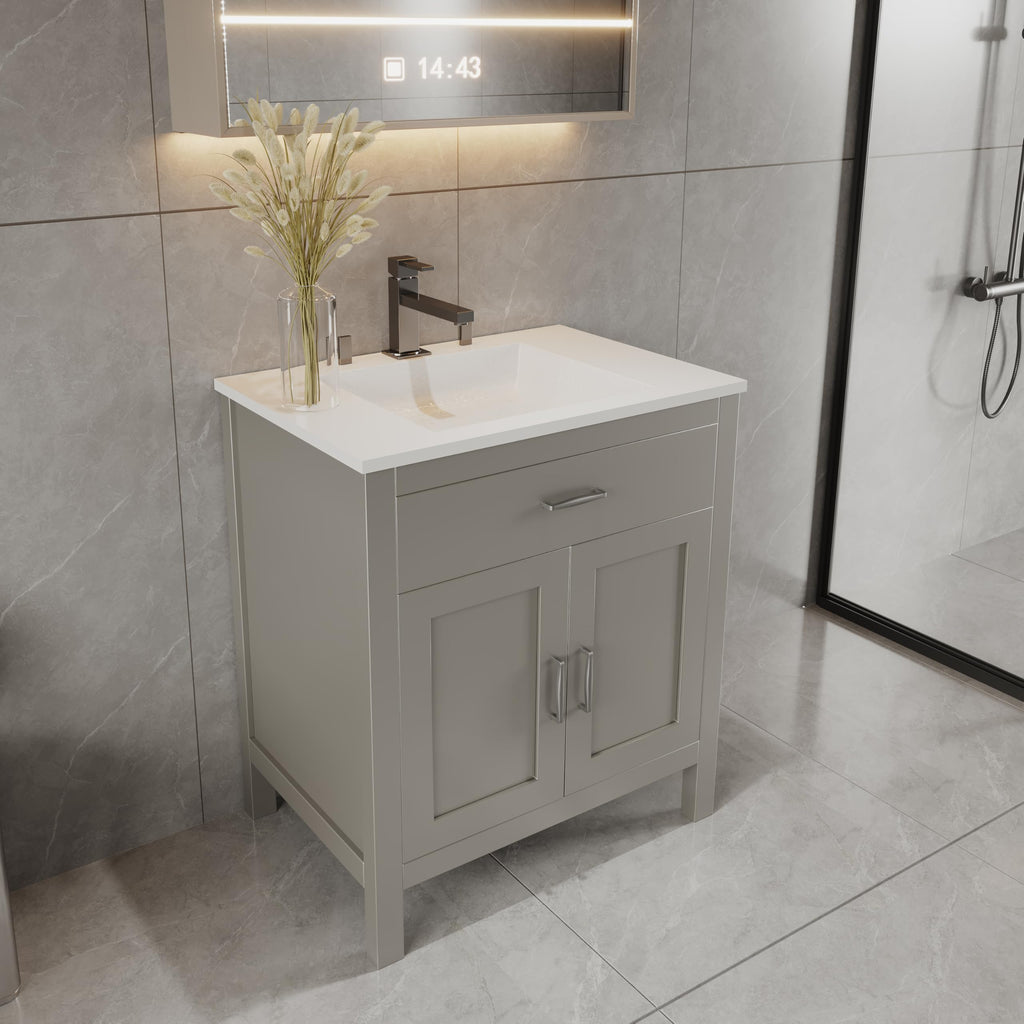 30" Light Grey Bathroom Vanity Base Only – Freestanding Solid Wood Sink Cabinet with Tip-Out Drawer, Shaker Style Storage, No Top or Sink, 30" W x 21" D x 34.5" H