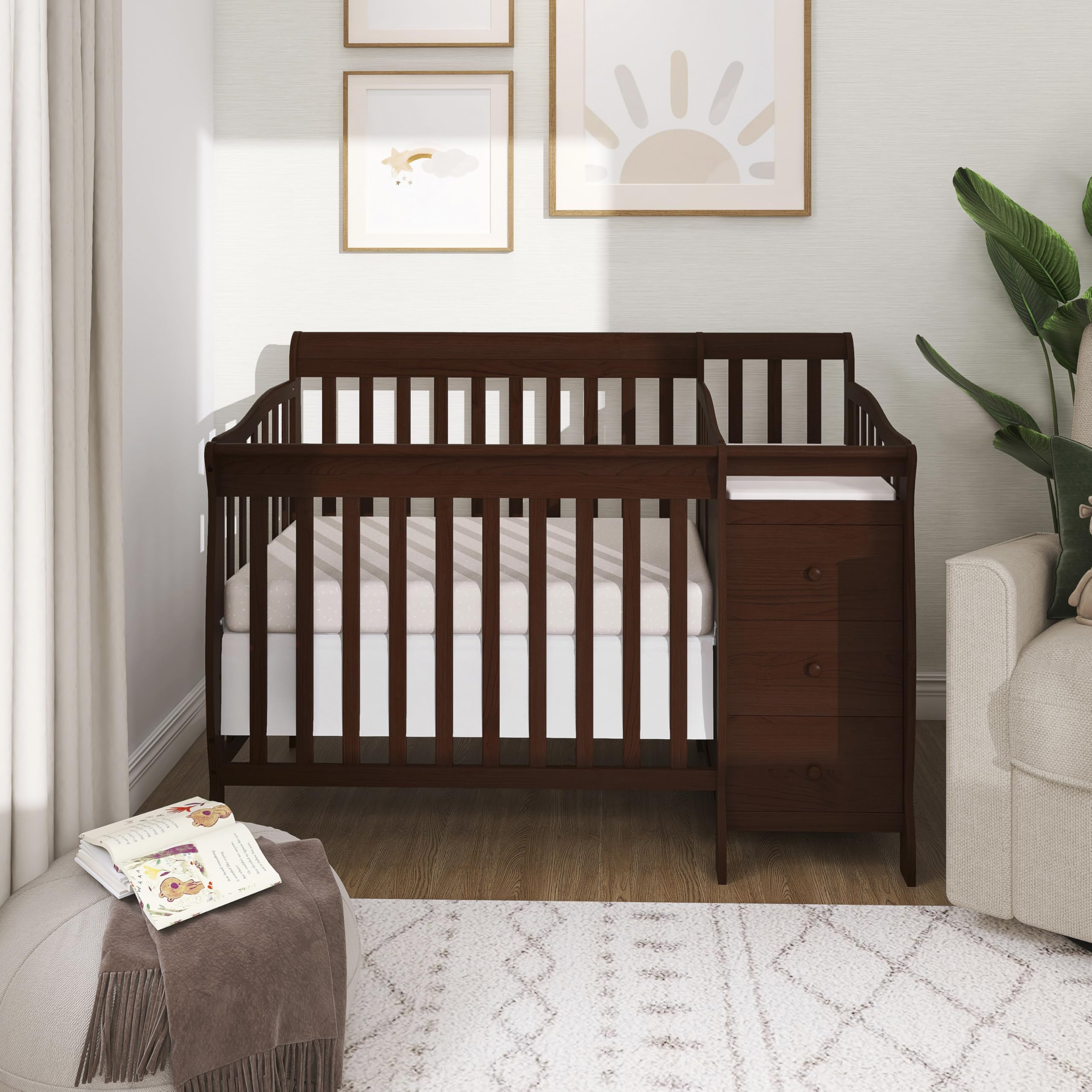 Dream On Me Jayden 4‑in‑1 Mini Convertible Baby Crib & Changer with Storage in Espresso, Pinewood, GreenGuard Gold & BSA, 1” Mattress Pad, 3 Mattress Heights, Converts to Mini Day & Twin-Size Bed
