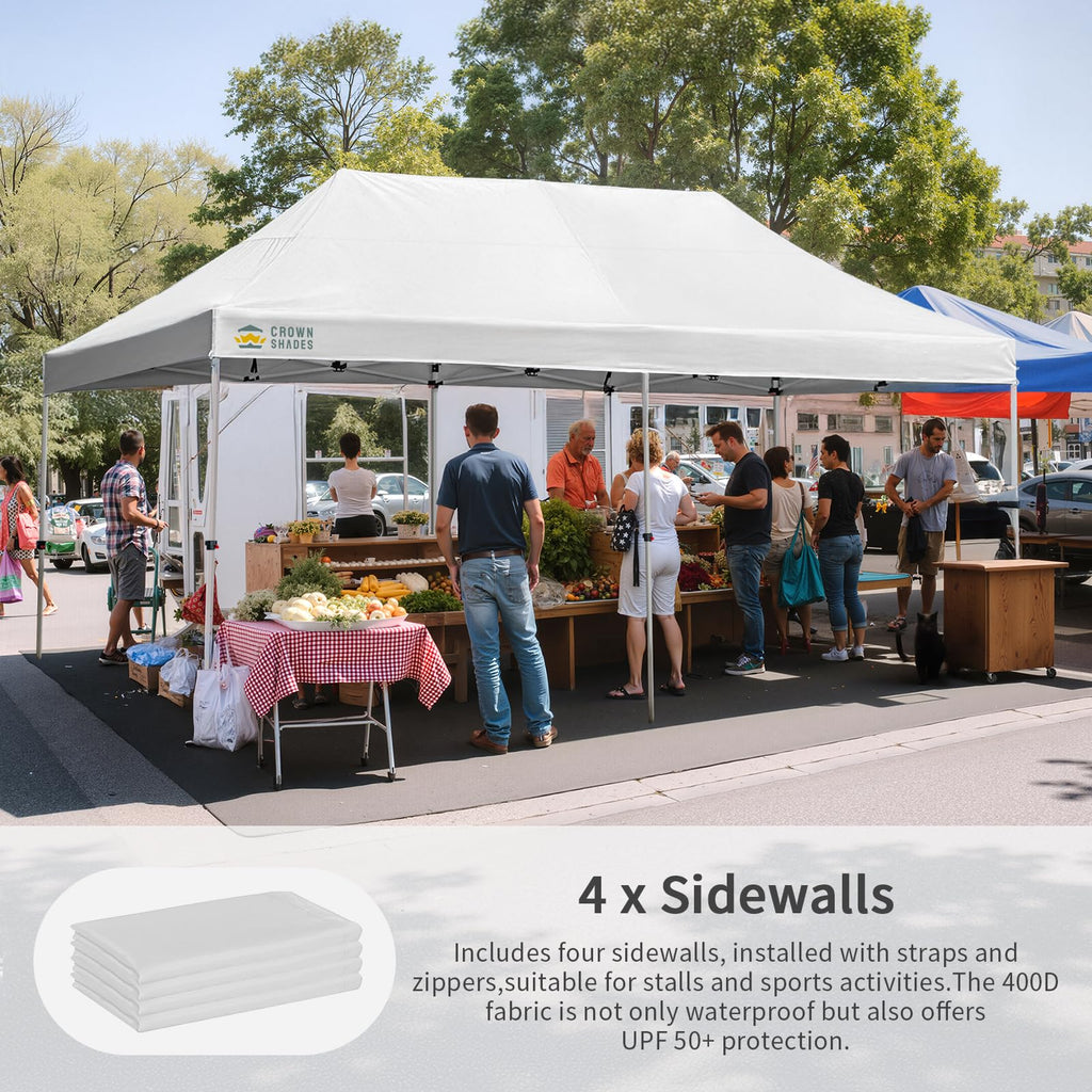 CROWN SHADES 10x20 Pop Up Canopy Tent, Thicken Frame Commercial Heavy Duty Tent, 4 Sidewalls 8 Stakes & 4 Sandbags & 4 Ropes, Outdoor Canopies for Events, Parties,White