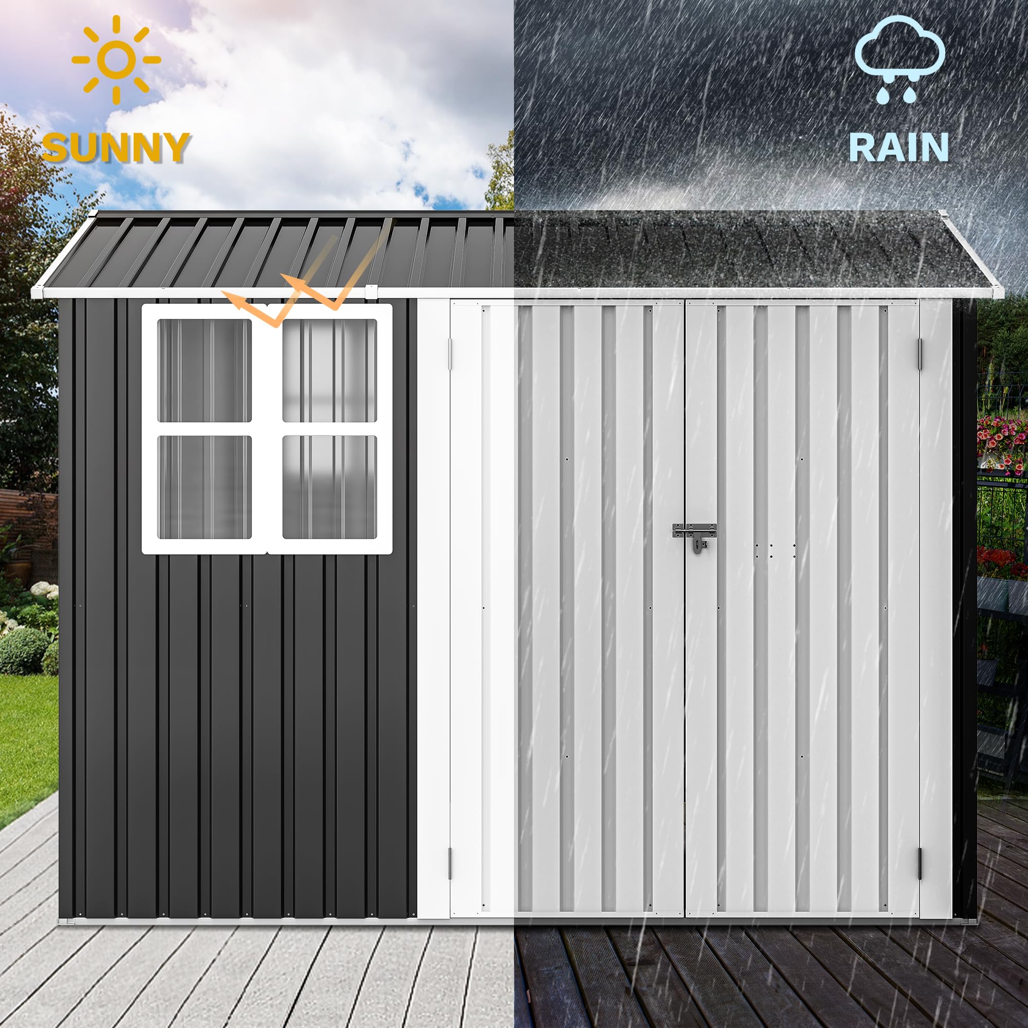 DWVO 8x6ft Metal Outdoor Storage Shed with Window, Lockable Tool Storage Sheds, Oversized Steel Garden Sheds with Sloped Roof for Backyard, Patio, Garage, Lawn (Gray + White)