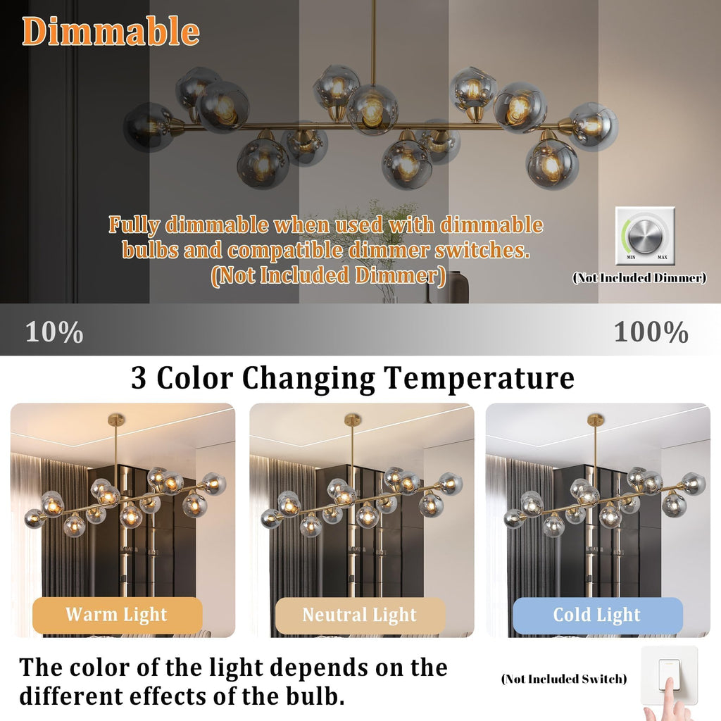 Lzawvm Linear Chandeliers Dining Room Gold Sputnik Chandelier 13-Lights Modern Glass Globe Chandelier 59 Inch 13 Lights Linear Dining Room Light Fixture