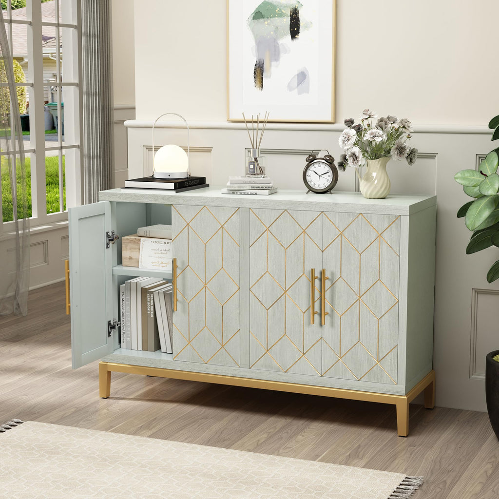 ARTPOWER Accent Cabinet with 4 Doors, Modern Credenza Storage Cabinet, Carved Decorative Buffet Sideboard for Living Room, Kitchen, Office, and Hallway, Green