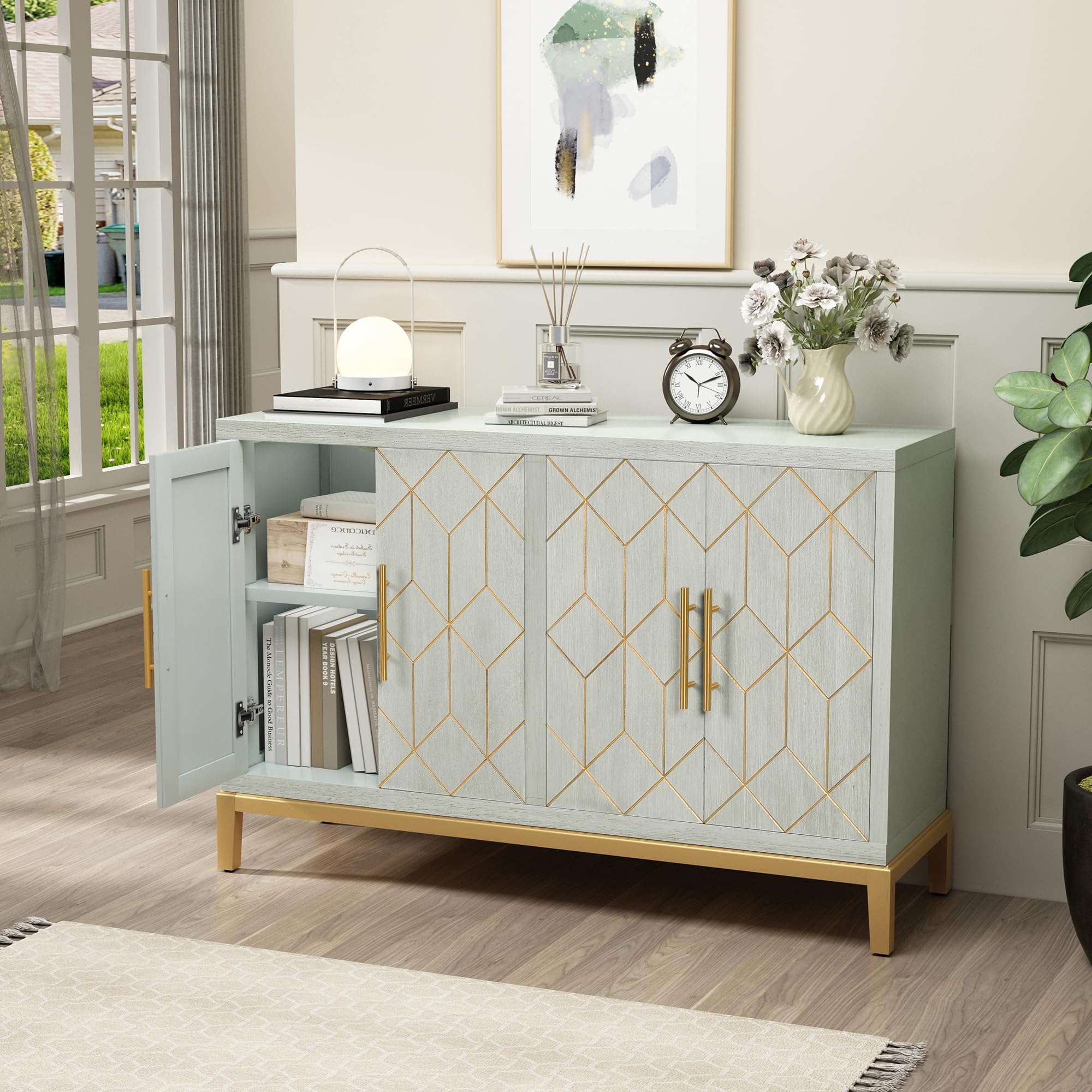 ARTPOWER Accent Cabinet with 4 Doors, Modern Credenza Storage Cabinet, Carved Decorative Buffet Sideboard for Living Room, Kitchen, Office, and Hallway, Green