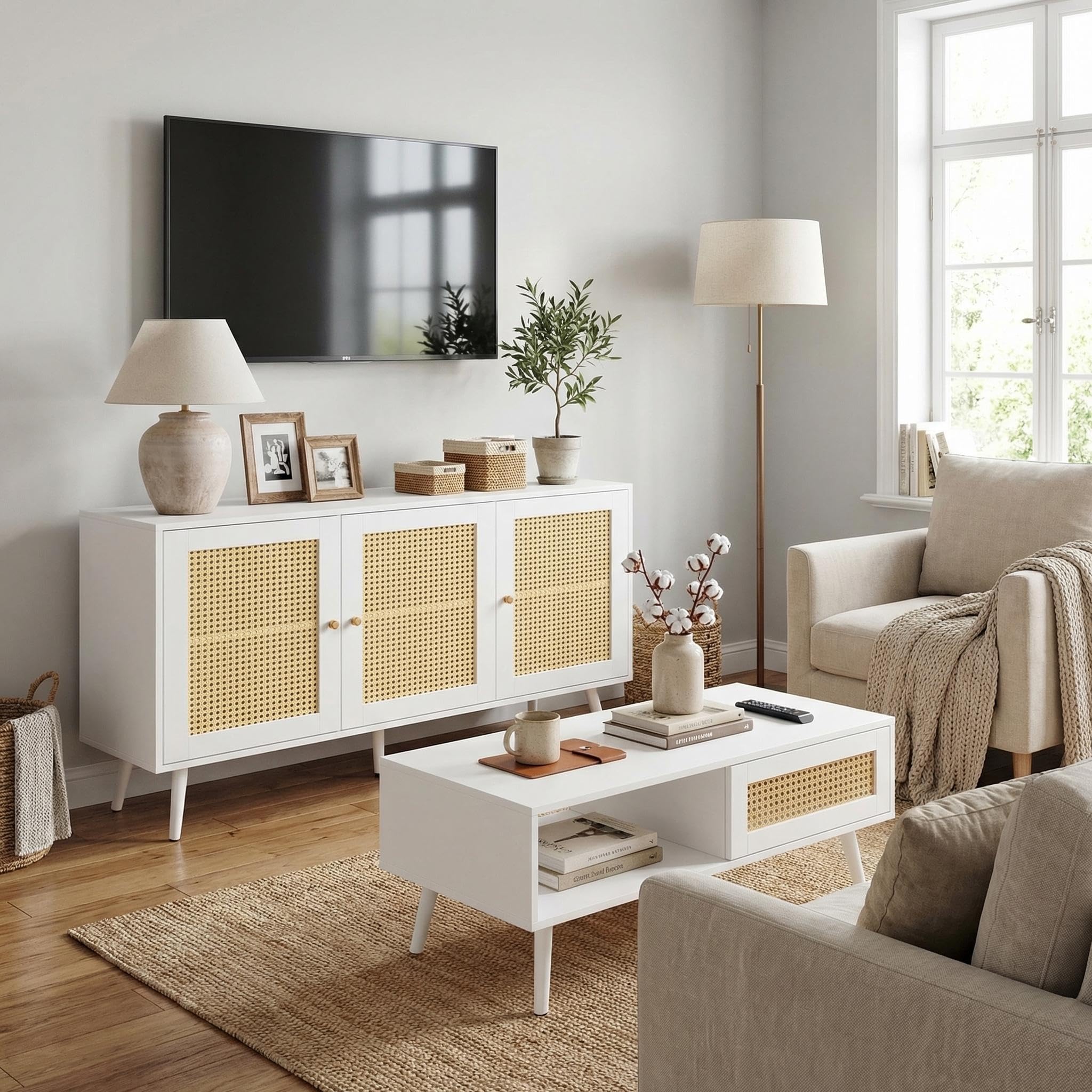 IDEALHOUSE Living Room Table Sets of 2, Includes 47" Rattan TV Stand Storage Cabinet for 55" TV, Farmhouse Coffee Table with Storage Shelf for Bedroom