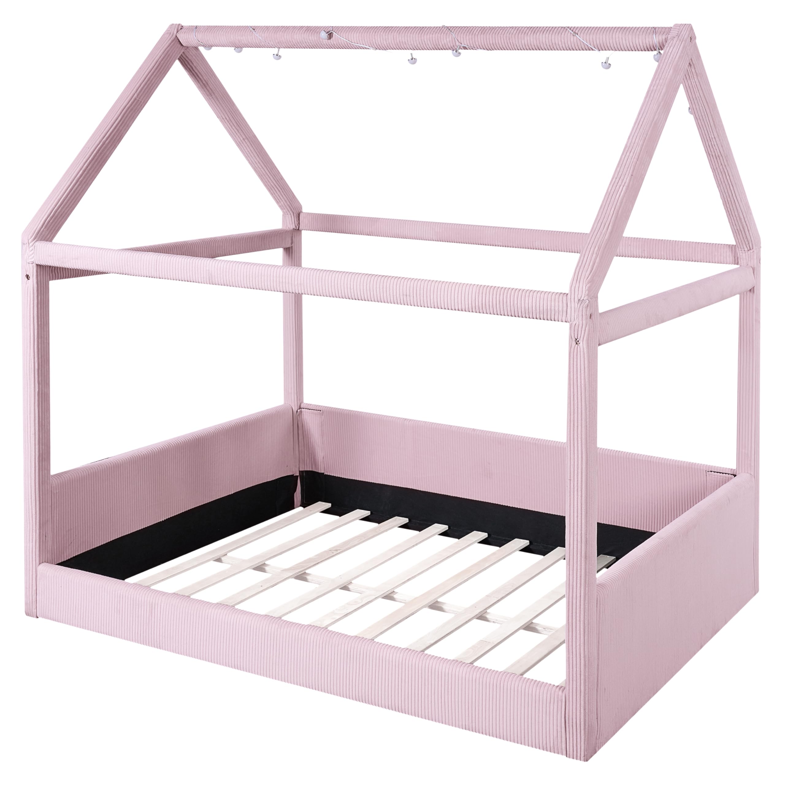 Merax Modern Upholstered House Bed, Floor Upholstered Sofa Daybed with Wood Slat Support,Platform Bed Frame with Headboard/Full, Pink