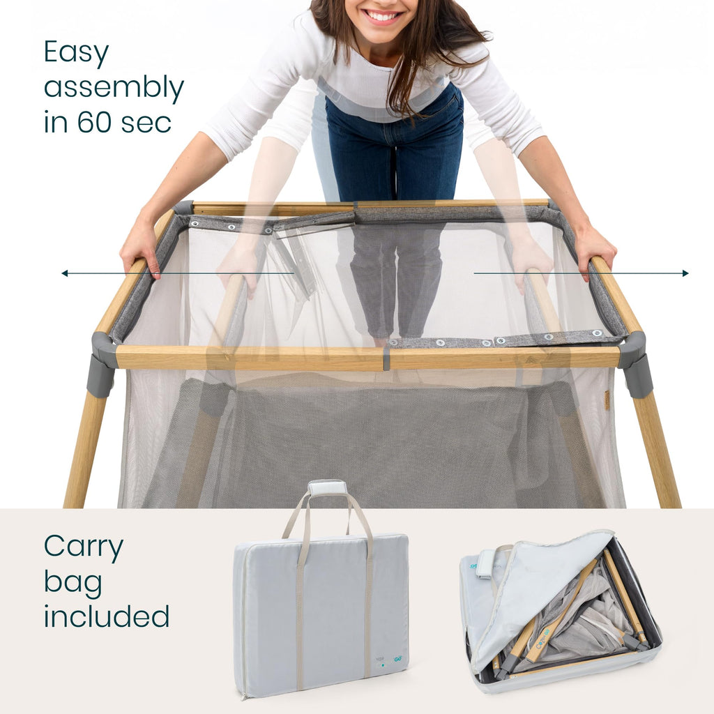 Tutti Bambini CoZee® Go 3-in-1 Foldable Baby Playpen, Portable Bassinet & Travel Crib | Playard with Mattress Included | Birth to 3 Years (Oak & Charcoal)