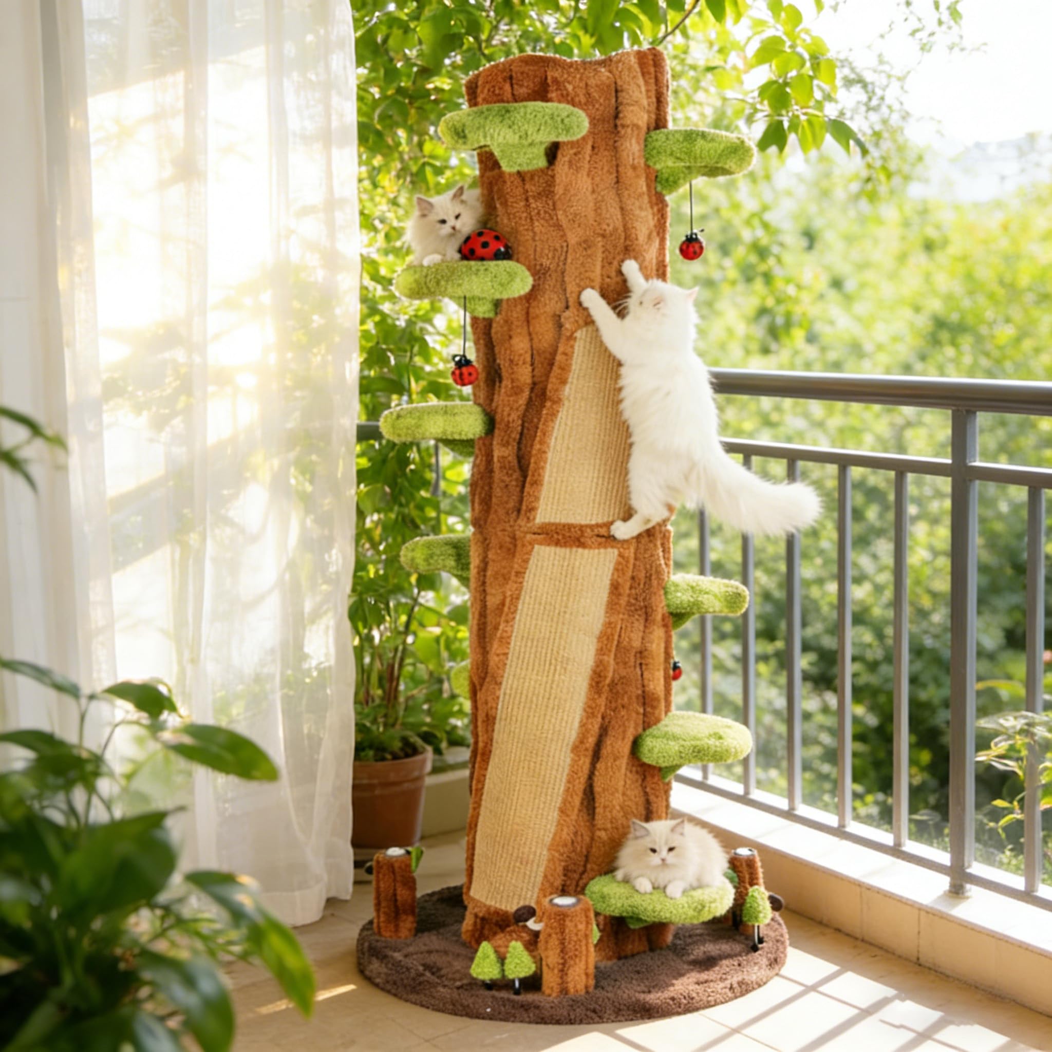 NUNU LAB Large Cat Tree for Indoor Cats – Multi-Level Solid Wood cat Tree Tower with Sisal Scratching Posts, Jumping Platforms, Plush Perches & Spring Toys for Multi-Cat Homes