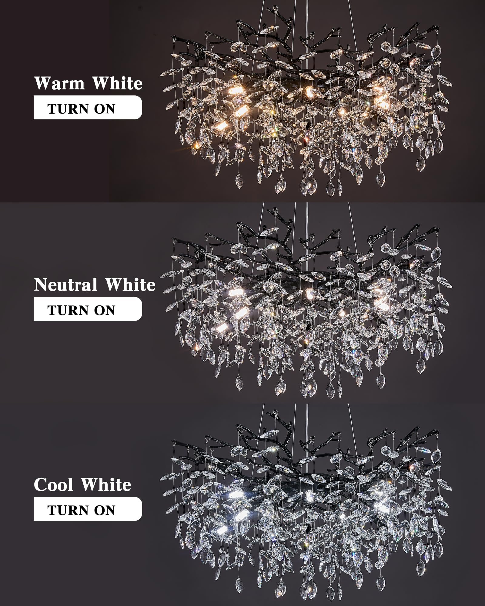 witkey Modern Tree Branch Crystal Chandelier Luxury Black Crystal Pendant Lighting 30" Contemporary 10-Light Chandeliers for Dining Room Kitchen Bedroom Living Room
