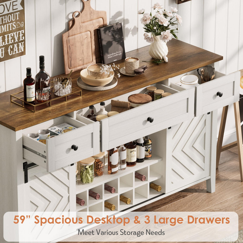 IDEALHOUSE 59'' Farmhouse Buffet Cabinet with Sliding Barn Door, 33.4'' Tall Wood Rustic Sideboard with 3 Drawer, Adjustable Shelf and Removable Wine Rack for Dining Room, Kitchen, White