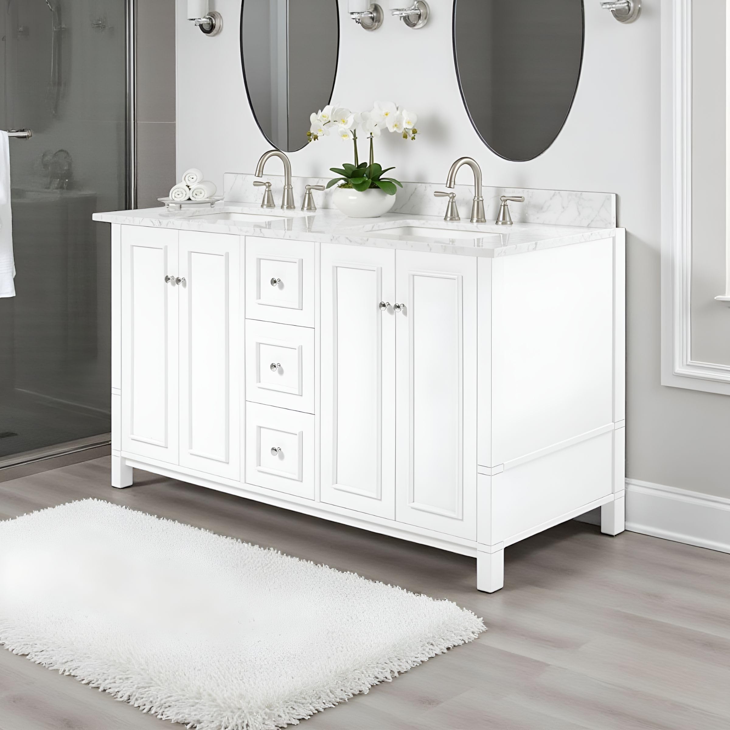 Alaterre Furniture Williamsburg 60 Inch Double Sink Bathroom Vanity - Freestanding Cabinet Without Top - Large Soft-Close Wood Vanity (White)