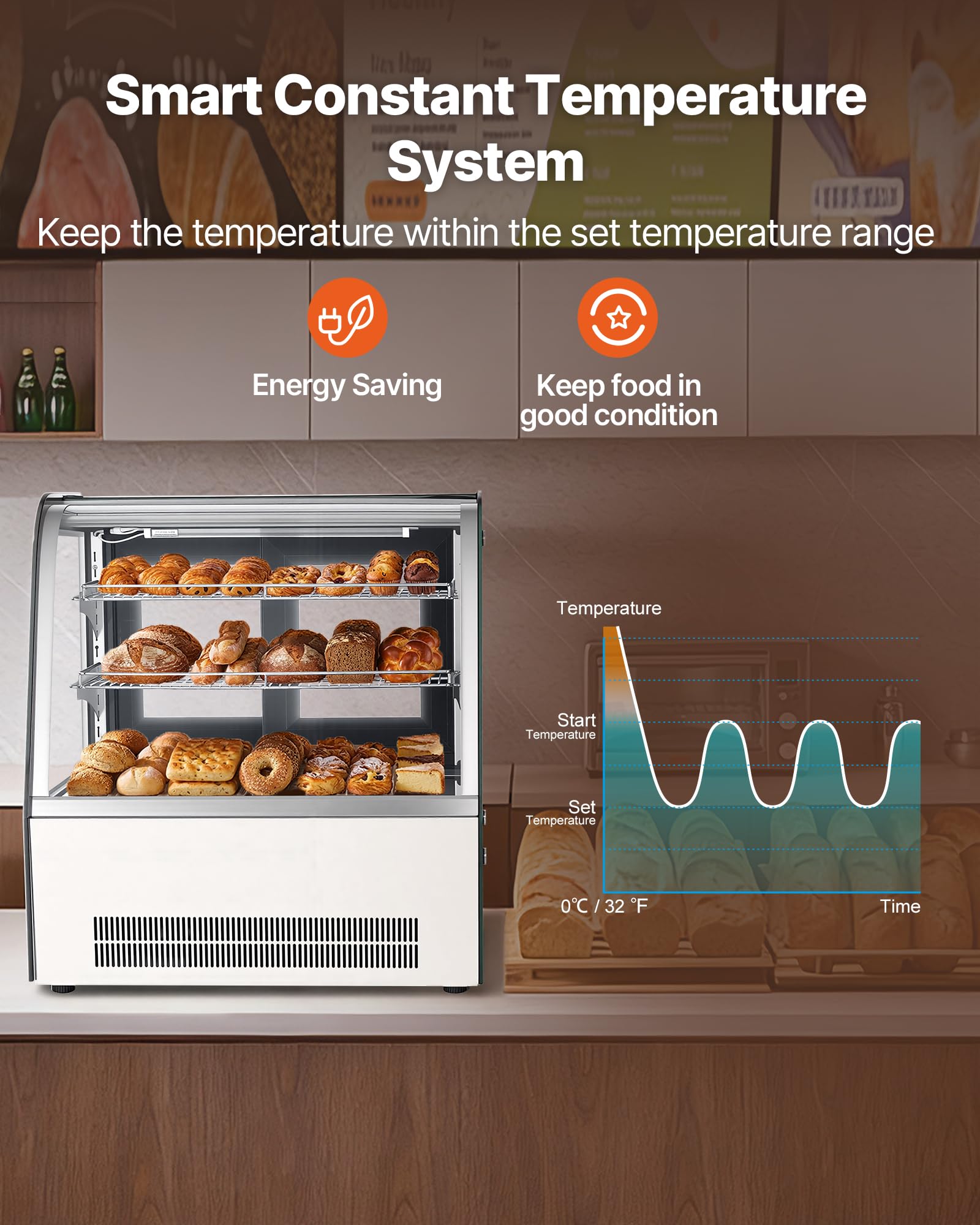 VEVOR Refrigerated Display Case, 4.2 Cu.Ft./105L Countertop Pastry Display Case, 2-Tier Commercial Cake Refrigerator with LED Lighting, TURBO Cooling, Frost-Free Air-Cooling, for Bakery, Dessert Shop