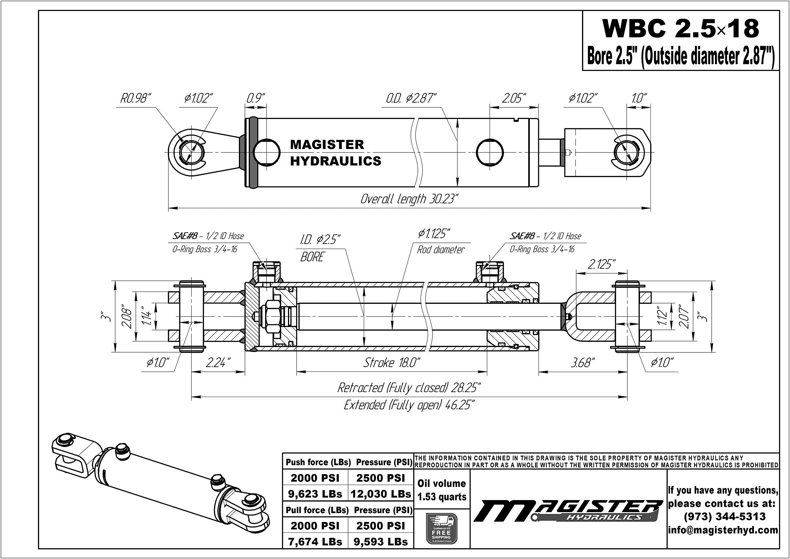 Magister Hydraulics Double Acting Hydraulic Cylinder - AG Clevis Hydraulic Cylinder 2500 PSI tie-Rod Alternative 2.5" bore 18" Stroke (2.5x18)