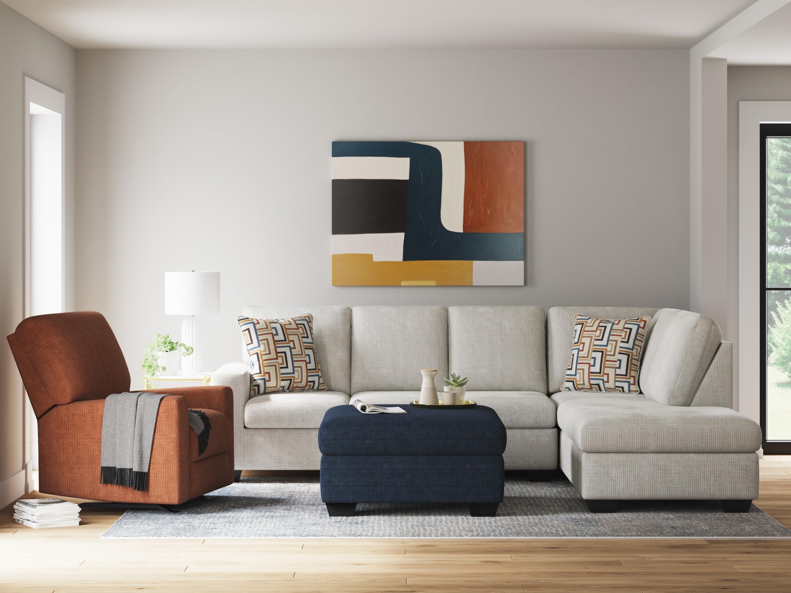 Signature Design by Ashley Aviemore Casual L-Shaped 2-Piece Sectional with Chaise and Loose Seat Cushions, Accent Pillows Included, 110" Wide, Light Gray