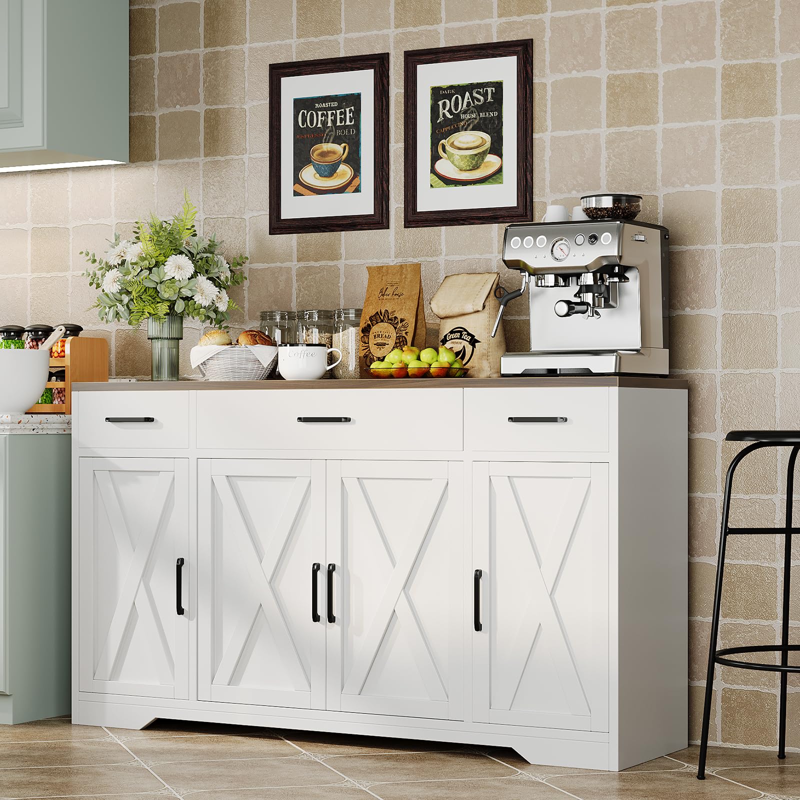 GAOMON Buffet Cabinet with Drawers, 55inch Wood Coffee Bar Large Sideboard Buffet Storage Cabinet with Shelves and Doors for Kitchen Dining Living Room,White/Rustic
