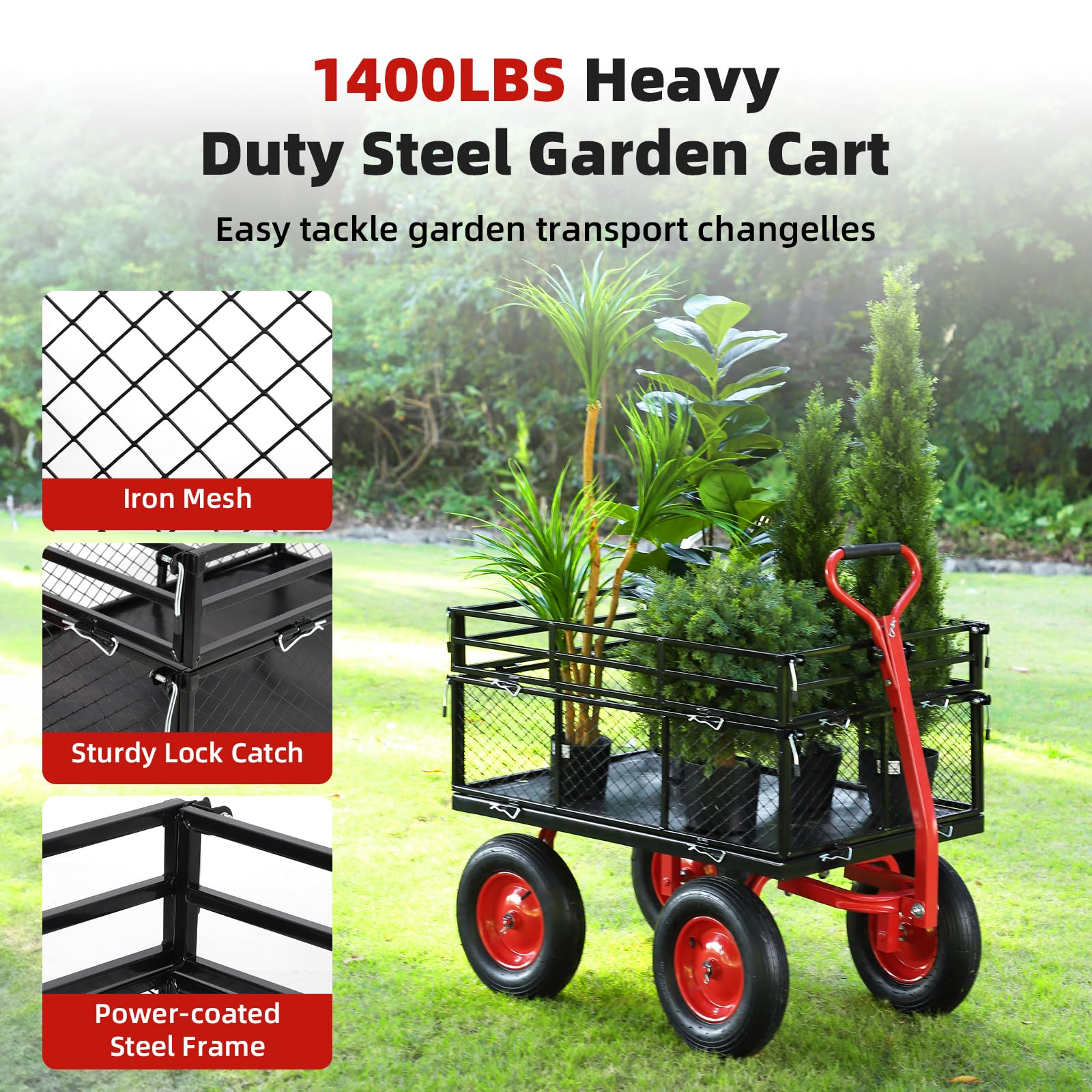 Garden Cart Steel Heavy Duty 1,400 LBS Yard and Garden Wagon with 16 Inch Tire and Adjustable Handle, Attach to ATV or Tractor, Black & Red