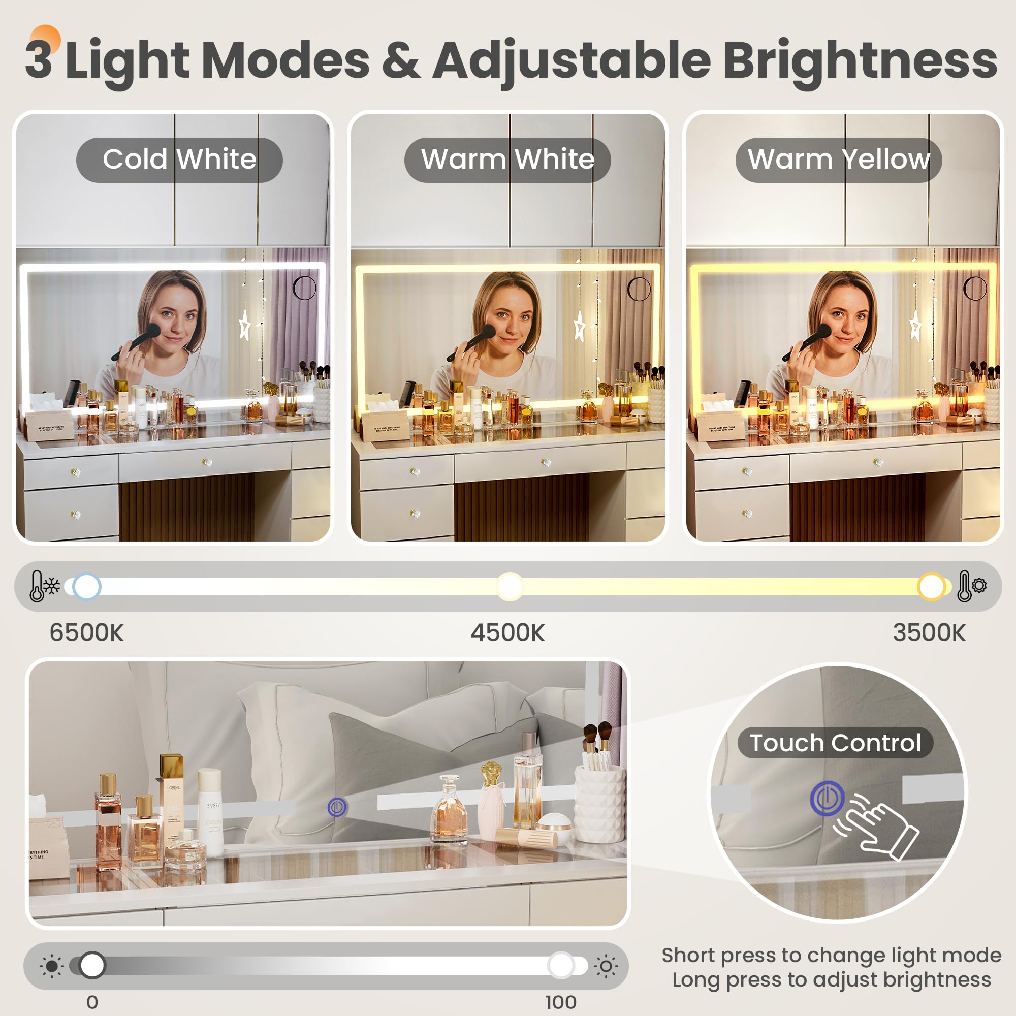 Pamapic Glass Top Makeup Vanity with Crystal Handles, 11 Drawers Vanity Desk with Mirror and Stool, 3 Lighting Modes Dressing Table with Charging Station, White