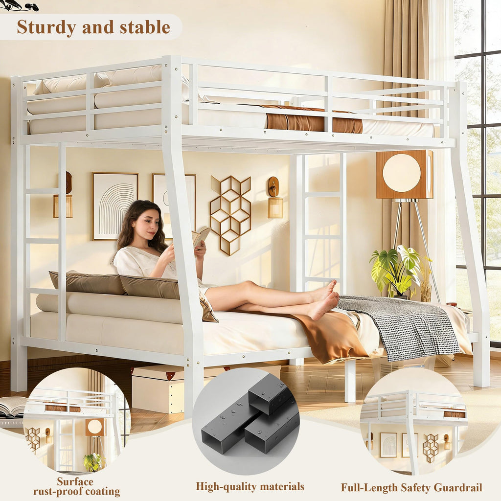 Full XL over Queen Metal Bunk Beds for Kids Teens Adults, Heavy-duty Metal Bunk Bed Frame with Guardrails, Ladders & Under-bed Storage for Bedroom Guest Room Dorms, Space-saving/Noise-reduce, White
