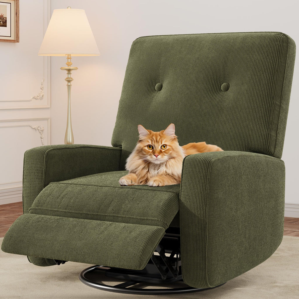 GarveeHome Recliner Chairs, Swivel Rocker Recliner, Glider Recliner Nursery Chair for Adults, 360° Swivel Glider Rocking Chair for Living Room, Bedroom, Office, RV, Small Spaces, Corduroy, Green