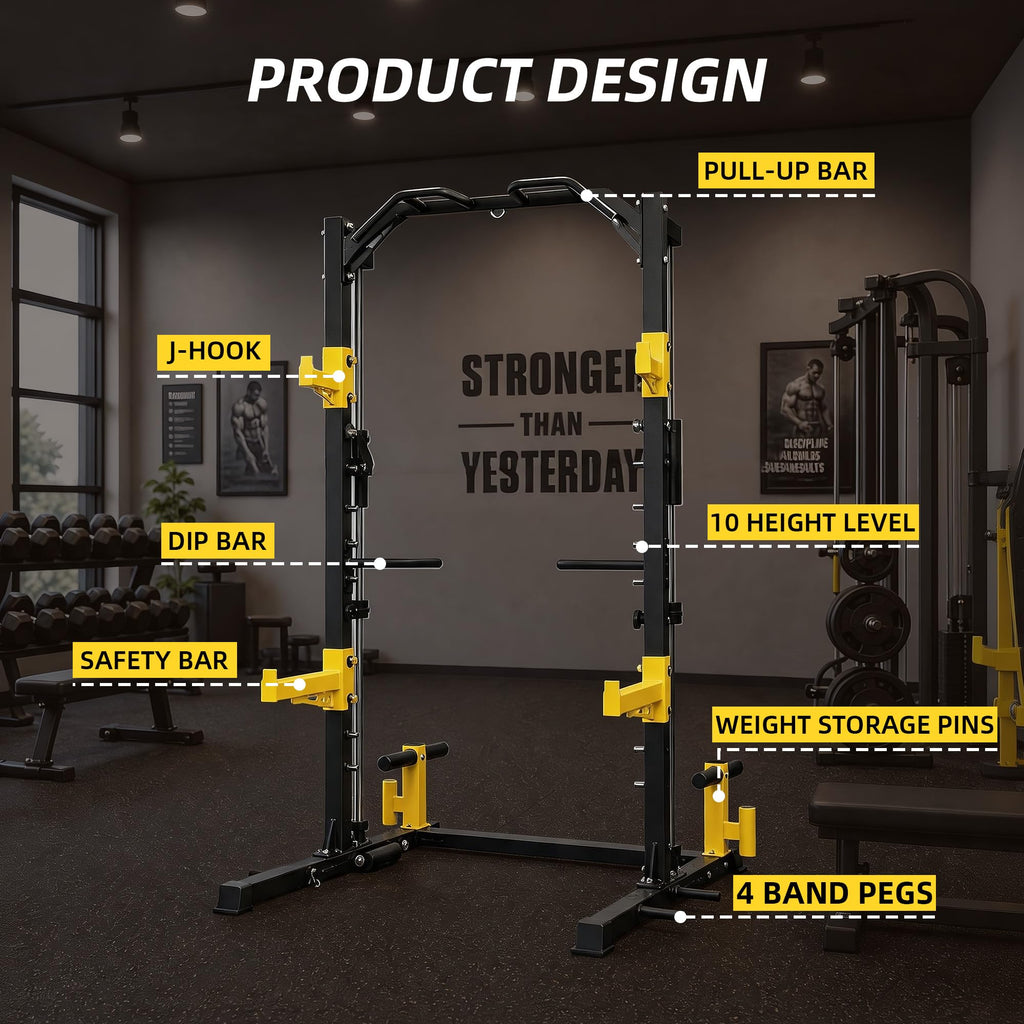 Fitvids Smith Machine Power Cage, 2000lb Multi-Function Squat Rack with Weight Plate Storage, J Hooks, T-Bar Row Platform & Multiple Grip Handles for Home Gym Strength Training